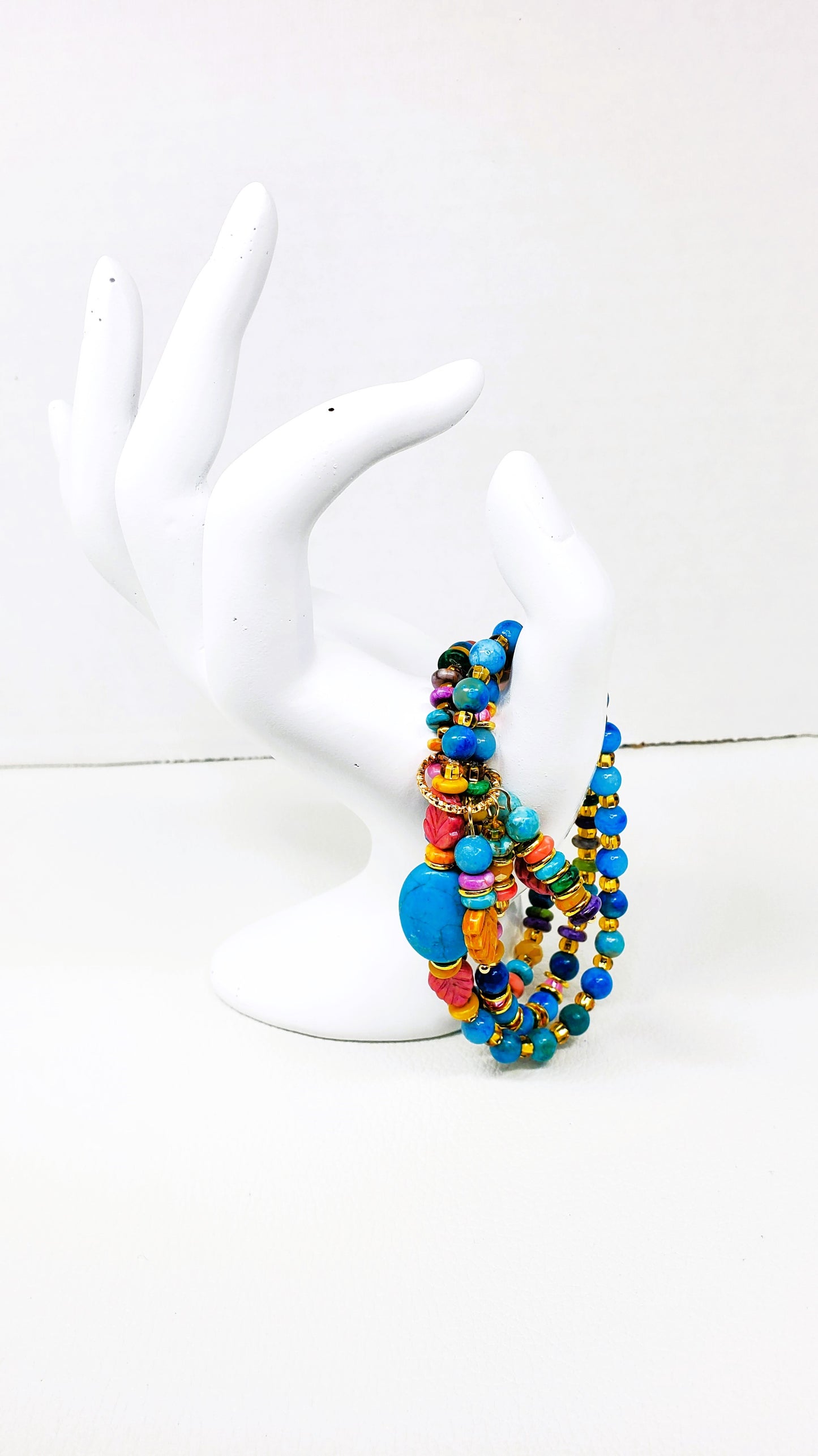 Boho Beaded Charm Bracelet, Blue Beaded Stretch Bracelet