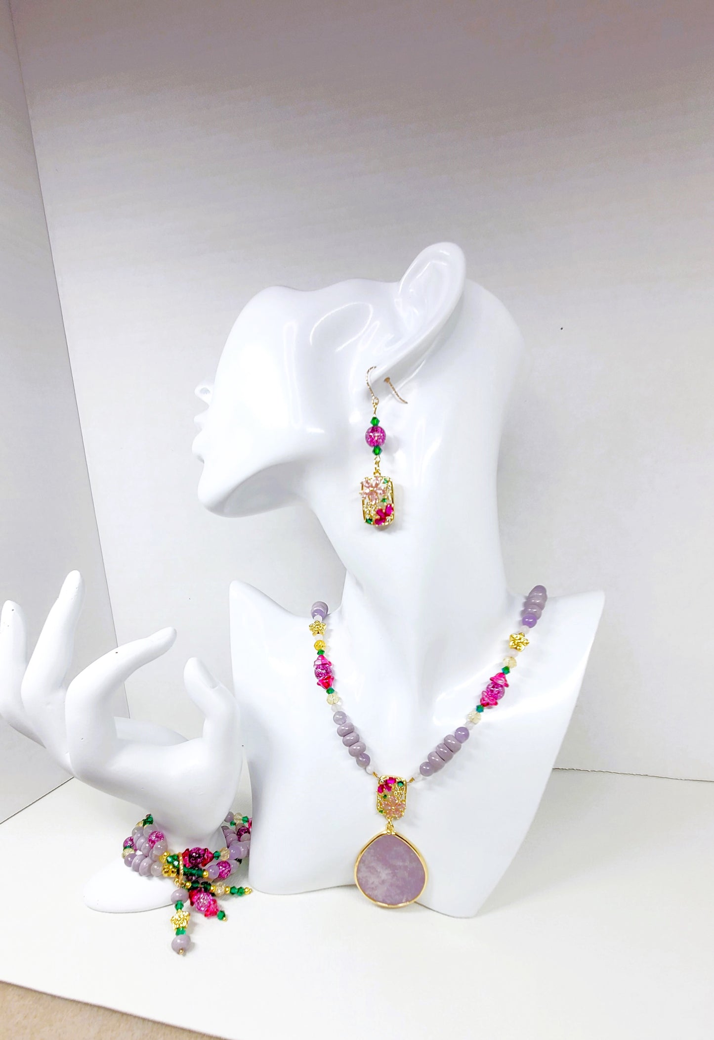 Crystal Flowers Collection | Purple Lepidolite Summer Necklace Set | Boho Necklace Set | Handmade Jewelry Set