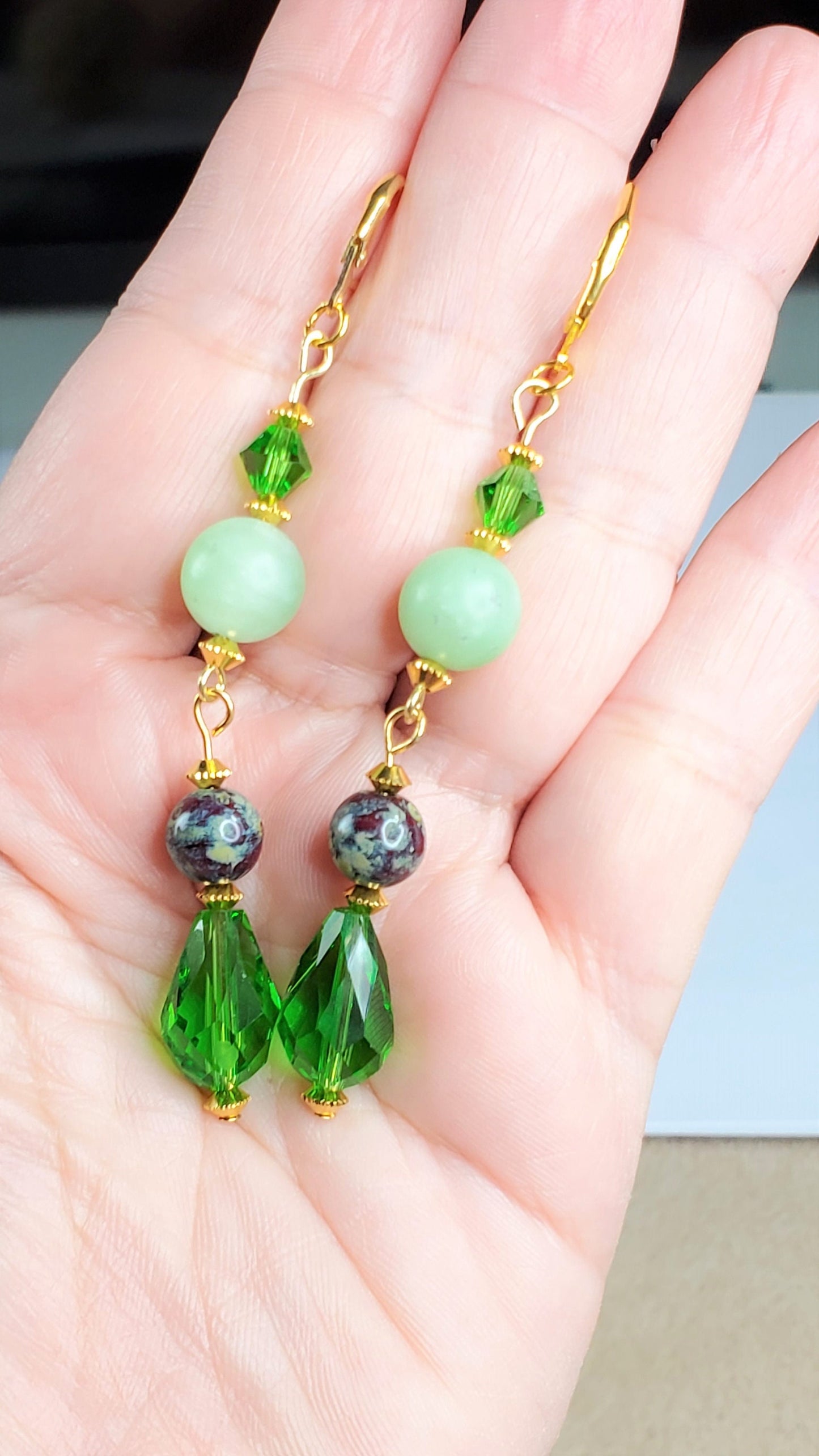 Green Aventurine Crystal and Glass Gold Plated Dangle Earrings Green Aventurine Earrings Green Aventurine and Gold Earrings