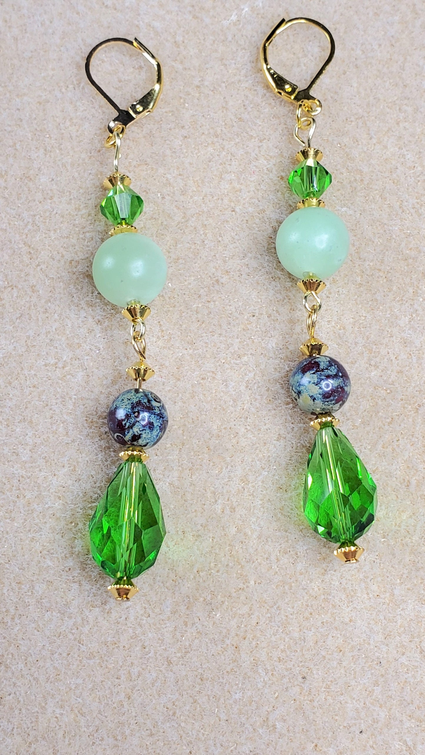 Green Aventurine Crystal and Glass Gold Plated Dangle Earrings Green Aventurine Earrings Green Aventurine and Gold Earrings