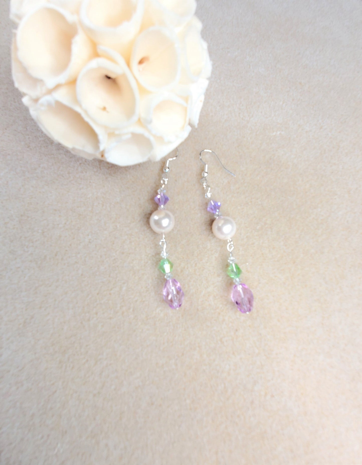 Green and Lavender Crystal and Glass Pearl Dangle Earrings Pearl Earrings with Green Crystals