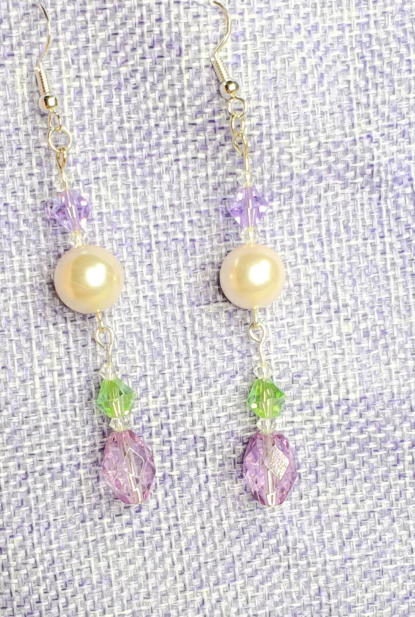 Green and Lavender Crystal and Glass Pearl Dangle Earrings Pearl Earrings with Green Crystals