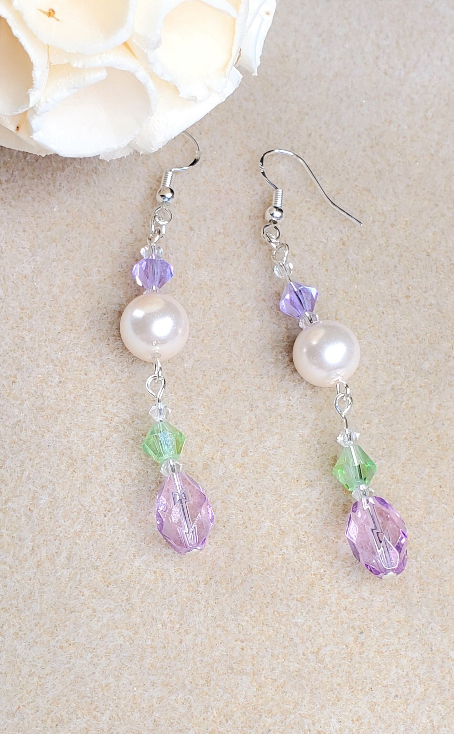 Green and Lavender Crystal and Glass Pearl Dangle Earrings Pearl Earrings with Green Crystals