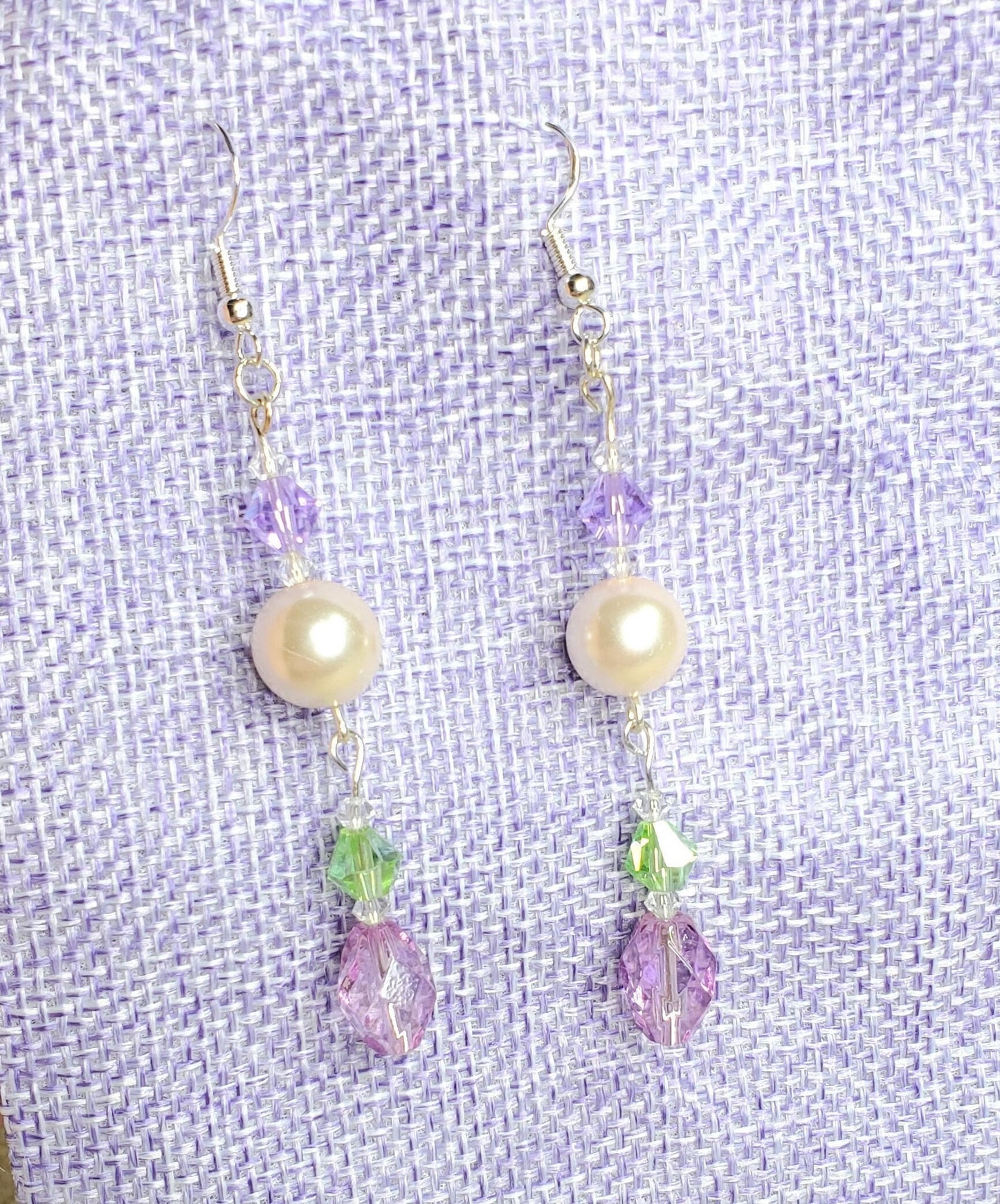Green and Lavender Crystal and Glass Pearl Dangle Earrings Pearl Earrings with Green Crystals