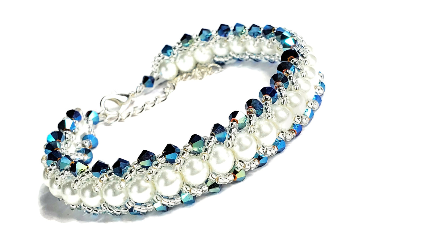 Blue Crystal and Glass Pearl Beaded Bracelet Wedding Bracelet