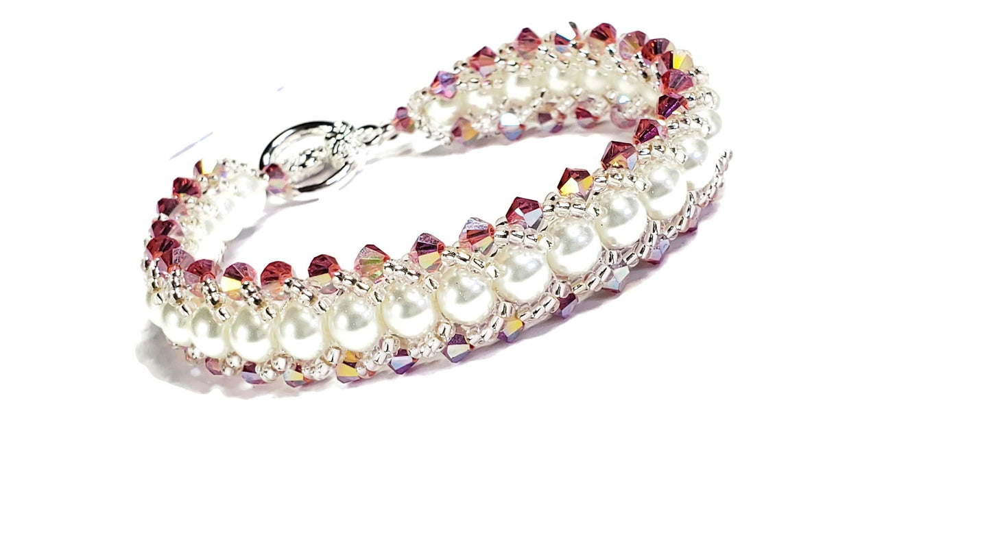 Pink Crystal and Glass Beaded Pearl Bracelet Wedding Bracelet Wedding Bracelet