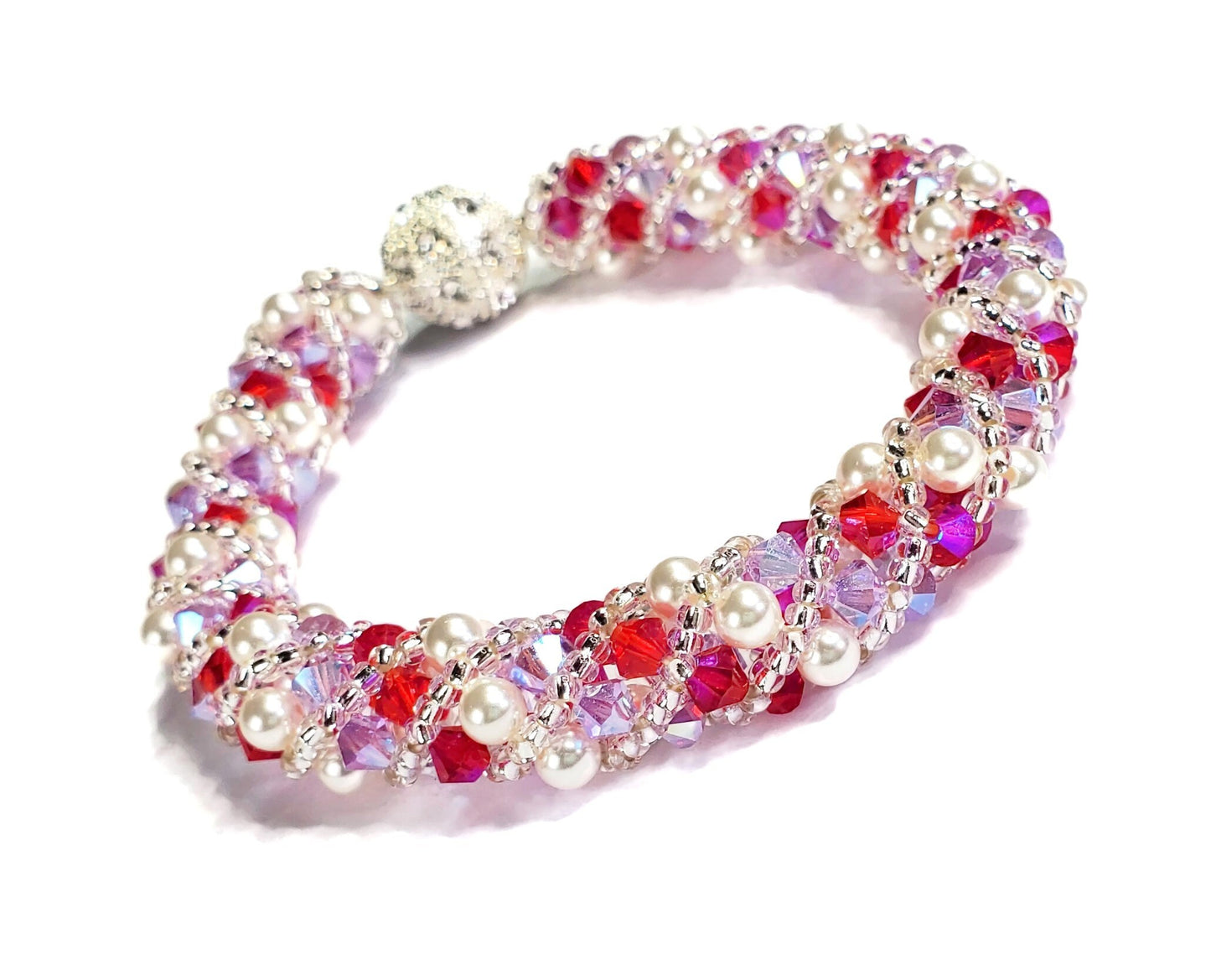 Valentines Day Fuchsia and Lavender White Pearl Crystal Bracelet