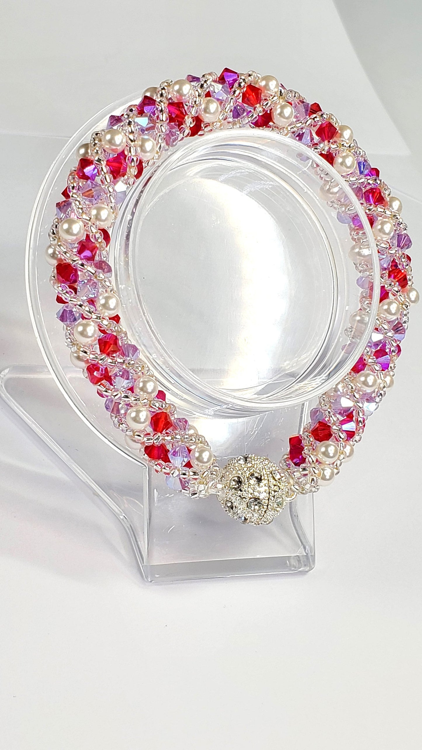 Valentines Day Fuchsia and Lavender White Pearl Crystal Bracelet