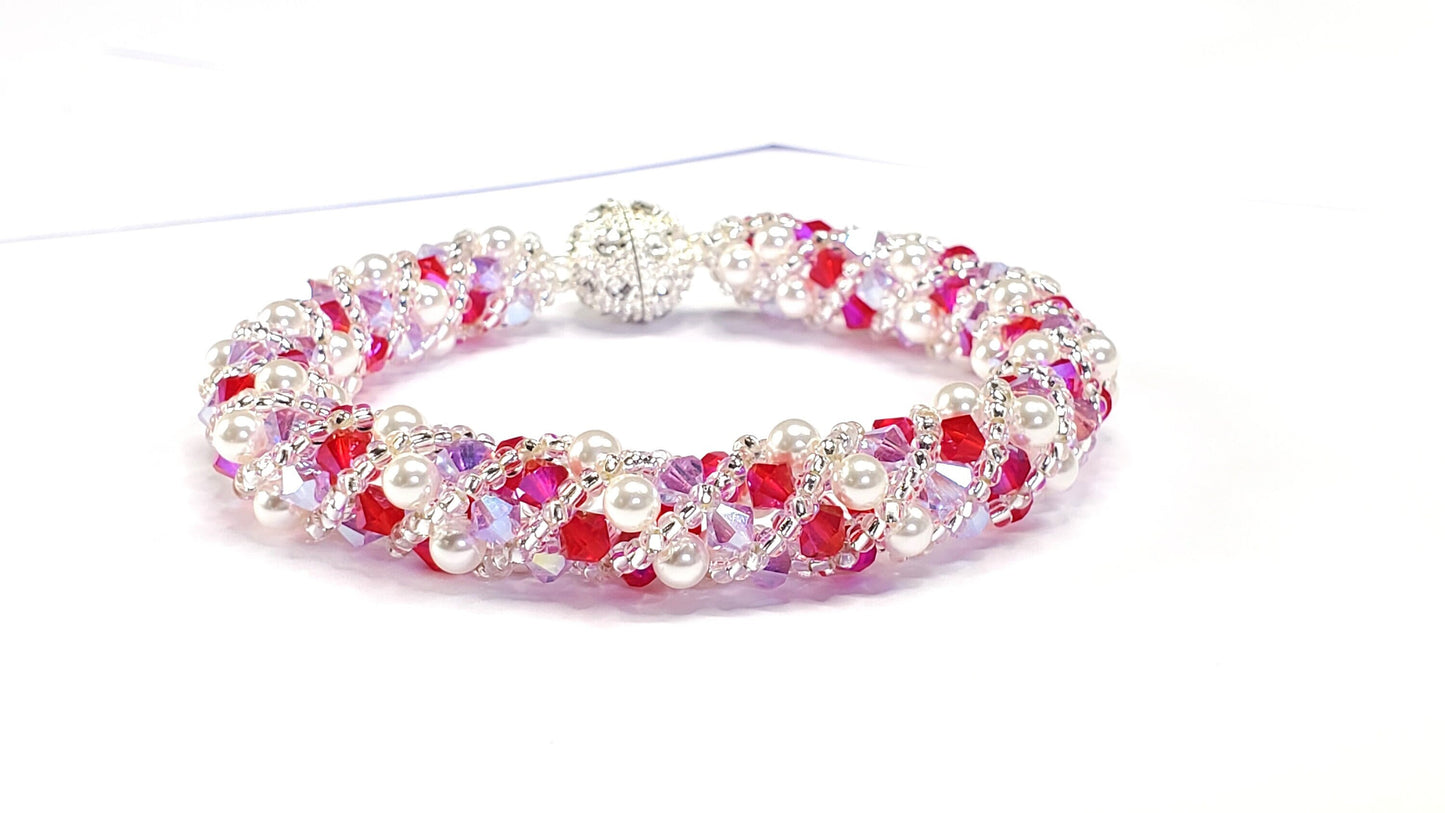 Valentines Day Fuchsia and Lavender White Pearl Crystal Bracelet