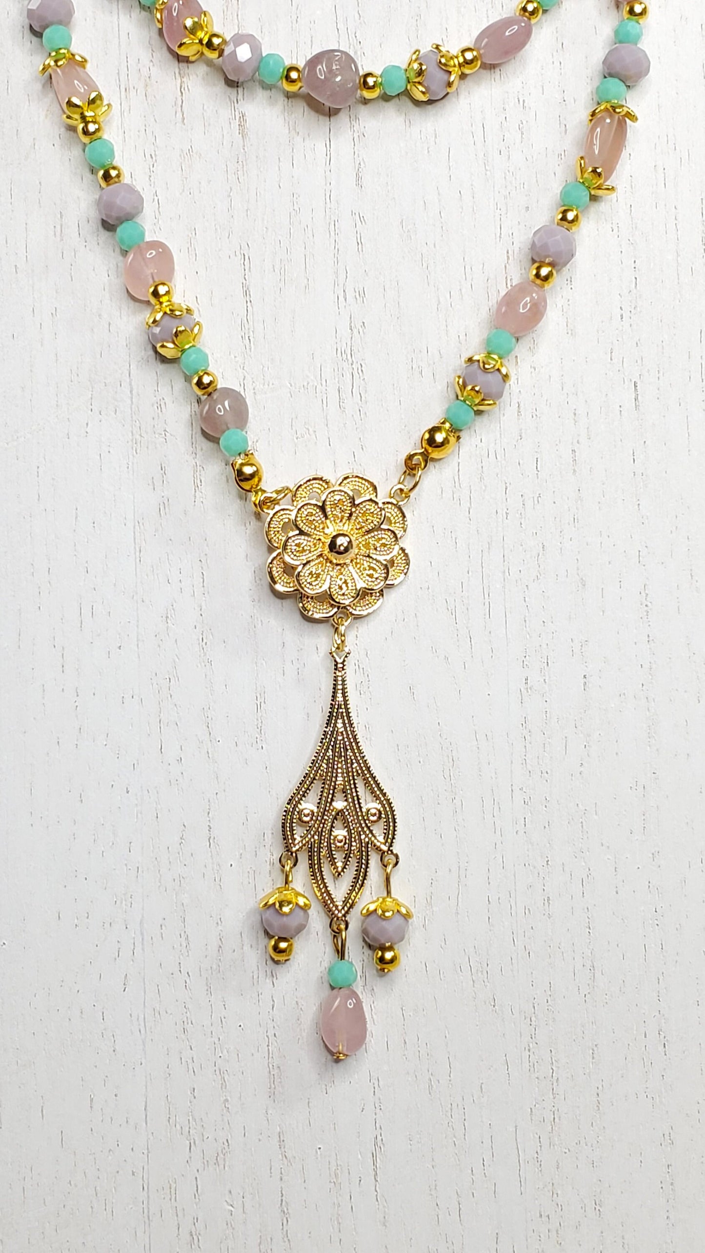 Rose Quartz Green Aventurine Magnetic Mix & Match Necklace/Bracelet Five Way Necklace Set 18k Gold Plated Filigree Components