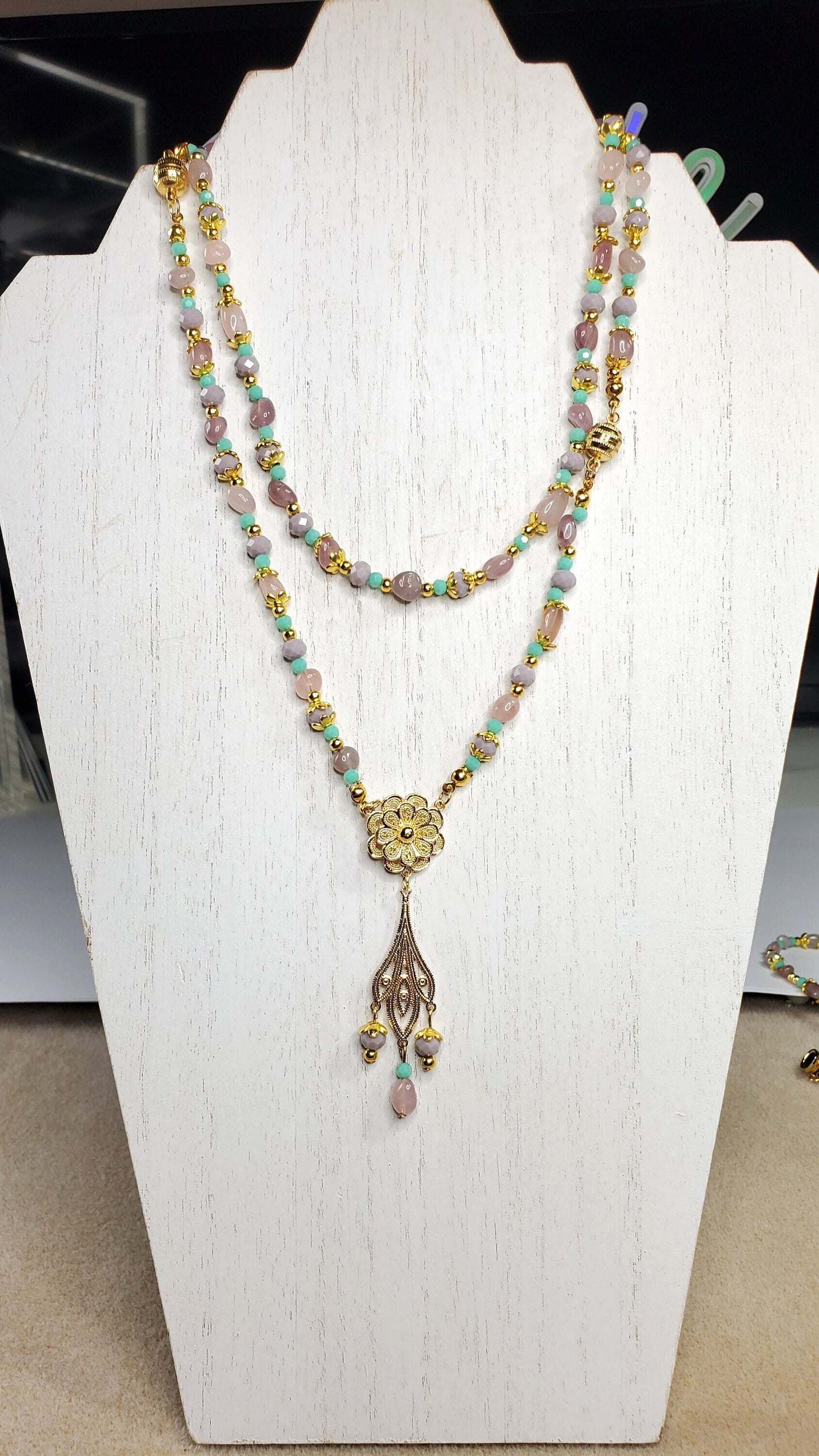 Rose Quartz Green Aventurine Magnetic Mix & Match Necklace/Bracelet Five Way Necklace Set 18k Gold Plated Filigree Components
