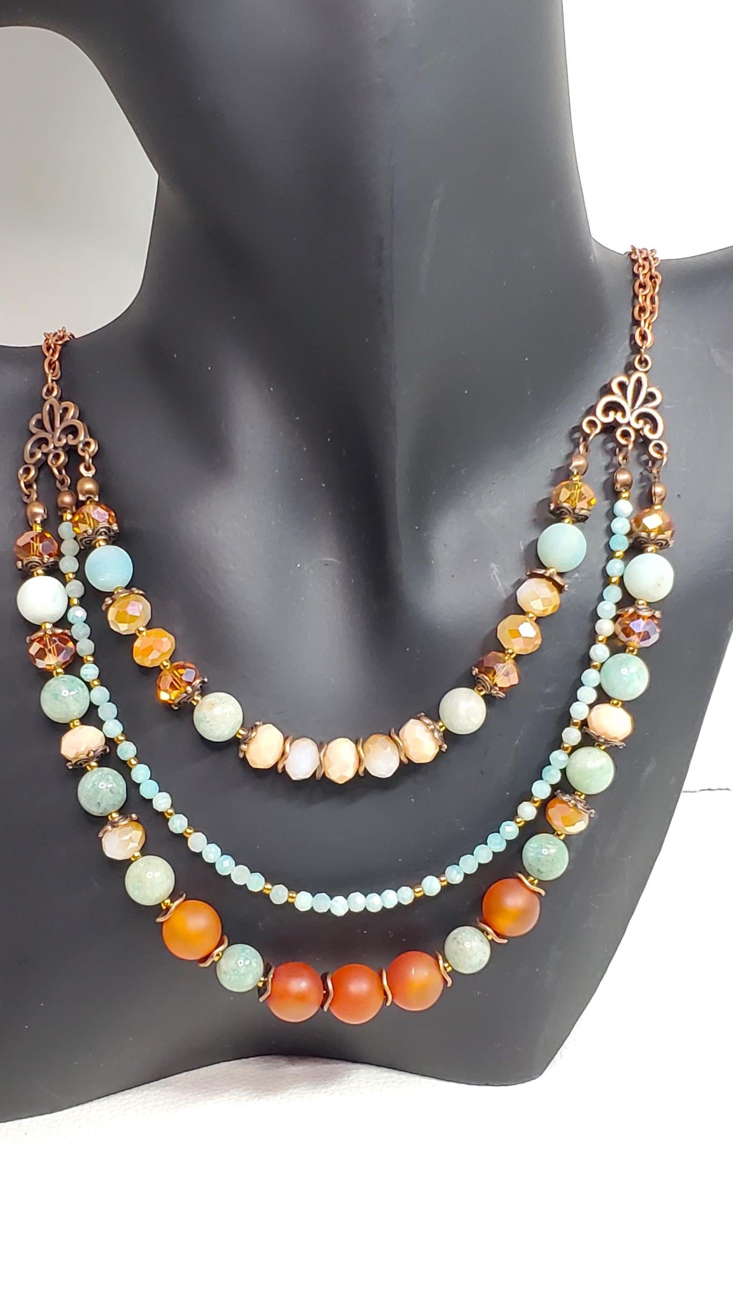 Three Strand Drop Double Chain Gemstone and Crystal Toggle Necklace Made With Amazonite Red Agate and Crystals
