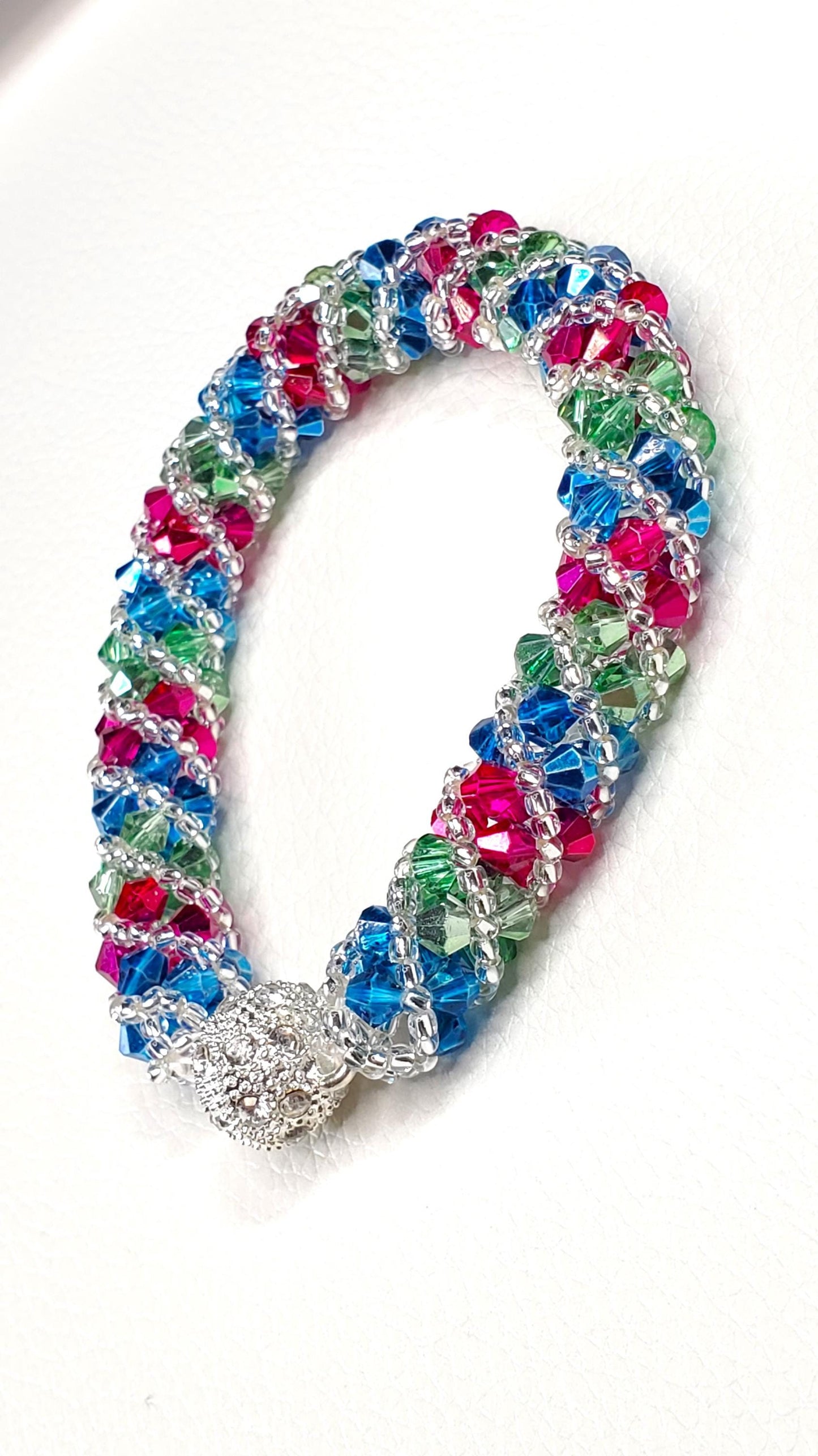 Crystal Beaded Bracelet, Fuschia, Green, Blue Spiral Bracelet