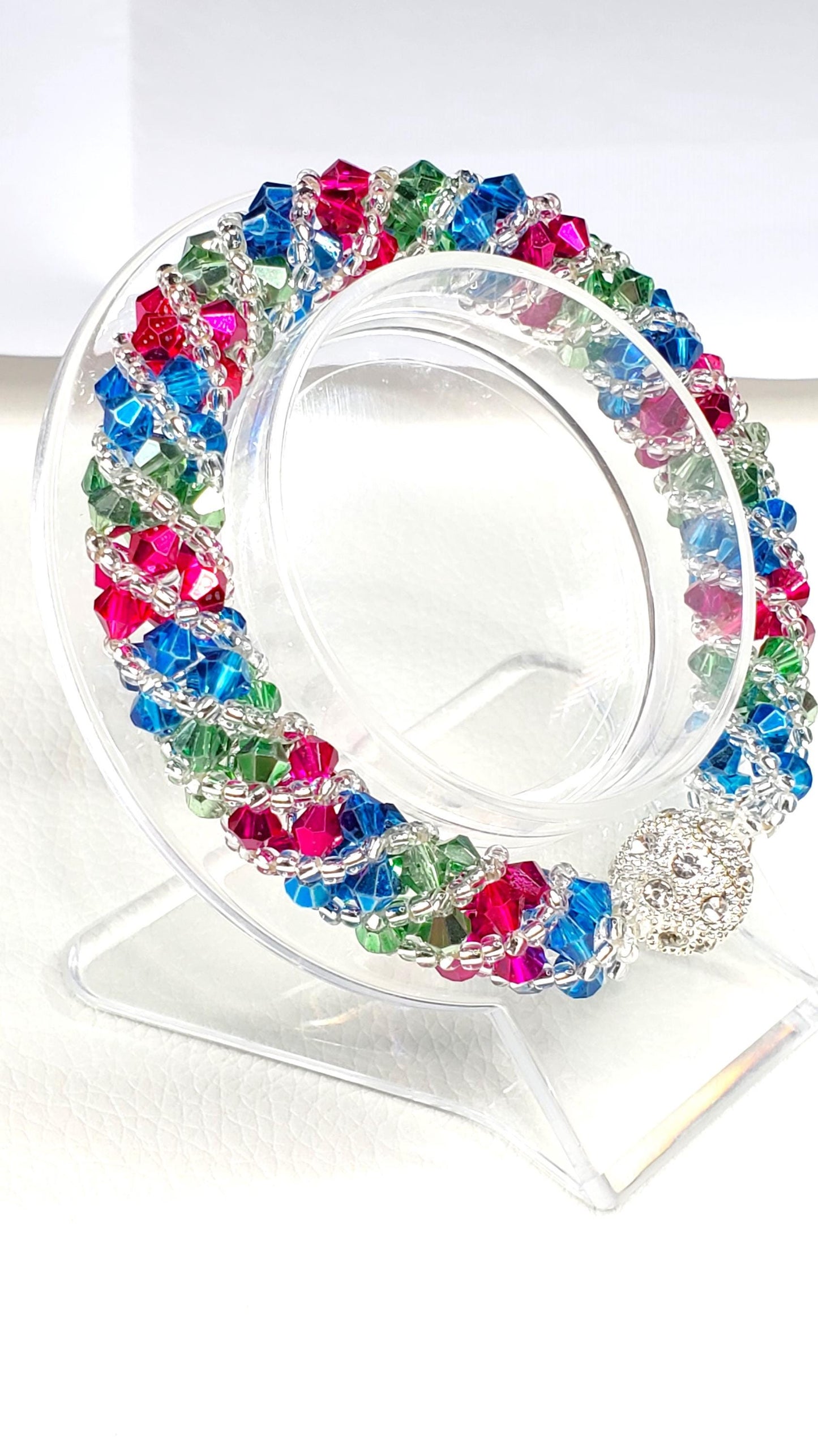 Crystal Beaded Bracelet, Fuschia, Green, Blue Spiral Bracelet