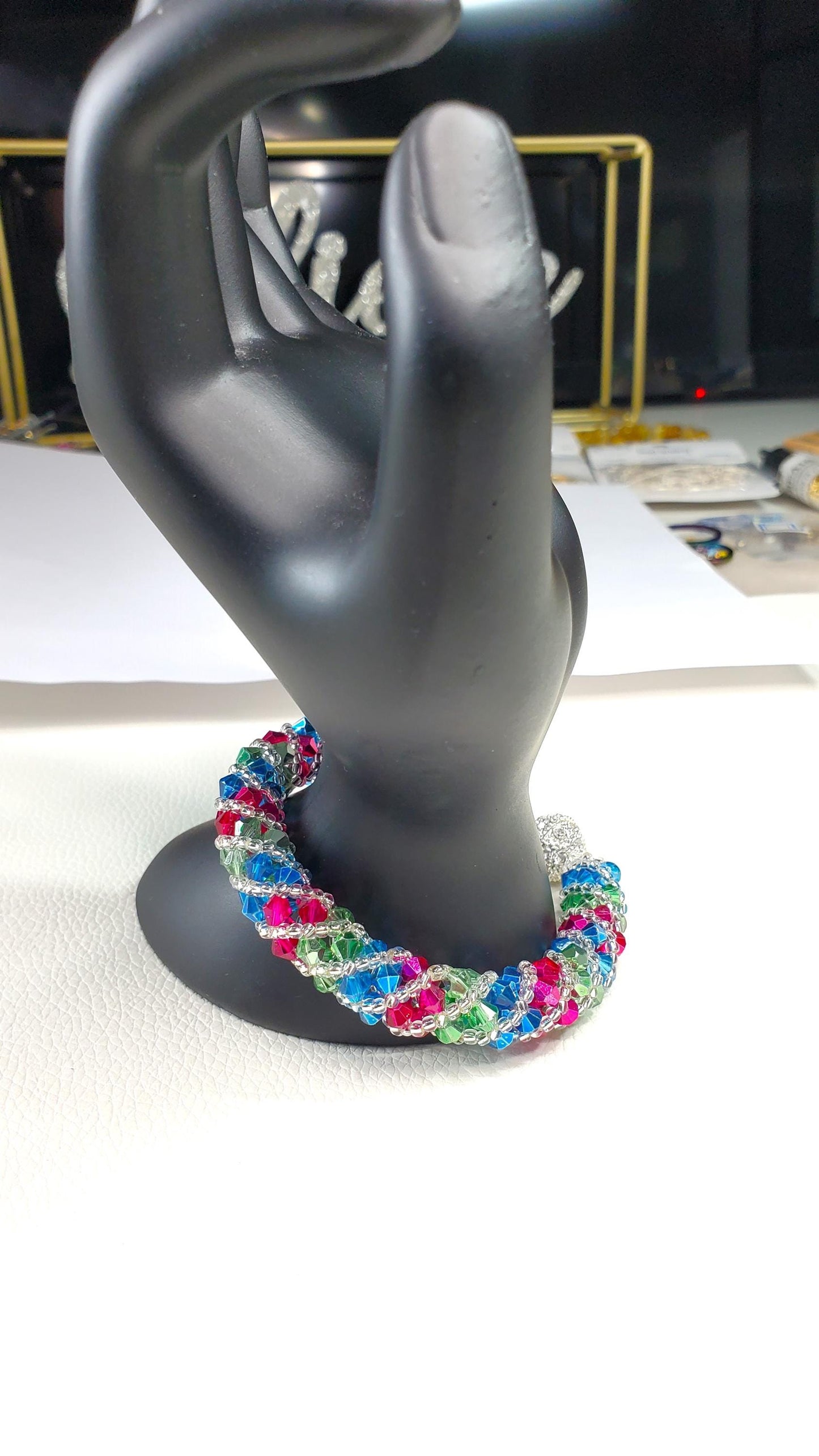 Crystal Beaded Bracelet, Fuschia, Green, Blue Spiral Bracelet