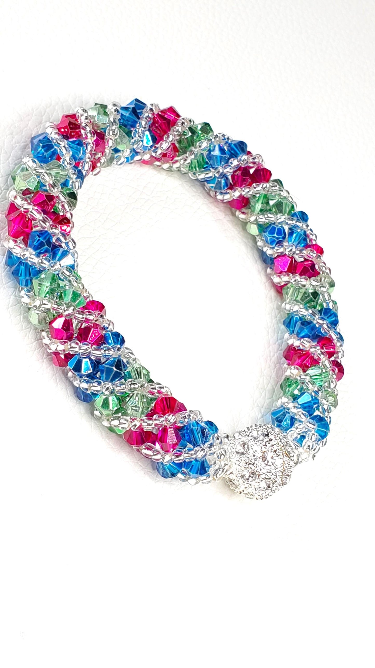 Crystal Beaded Bracelet, Fuschia, Green, Blue Spiral Bracelet