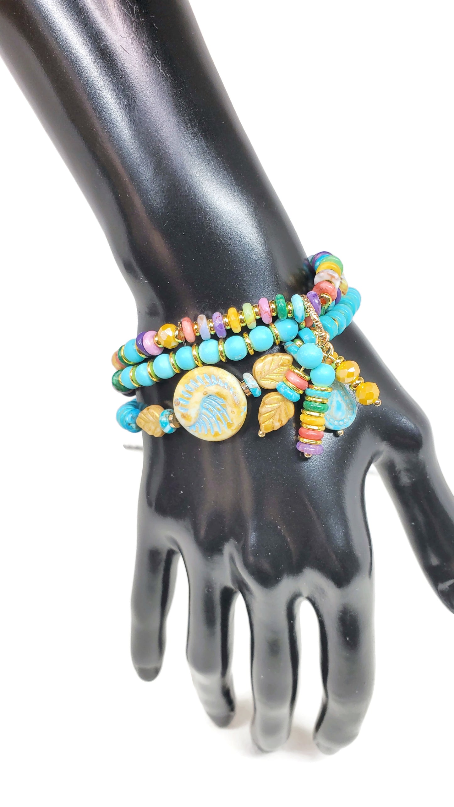 Boho Beaded Charm Bracelet, Blue Beaded Stretch Bracelet