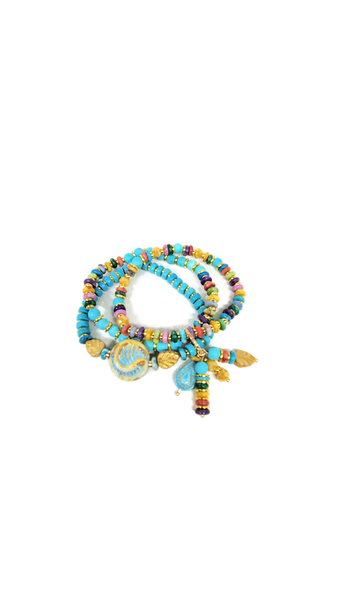 Boho Beaded Charm Bracelet, Blue Beaded Stretch Bracelet