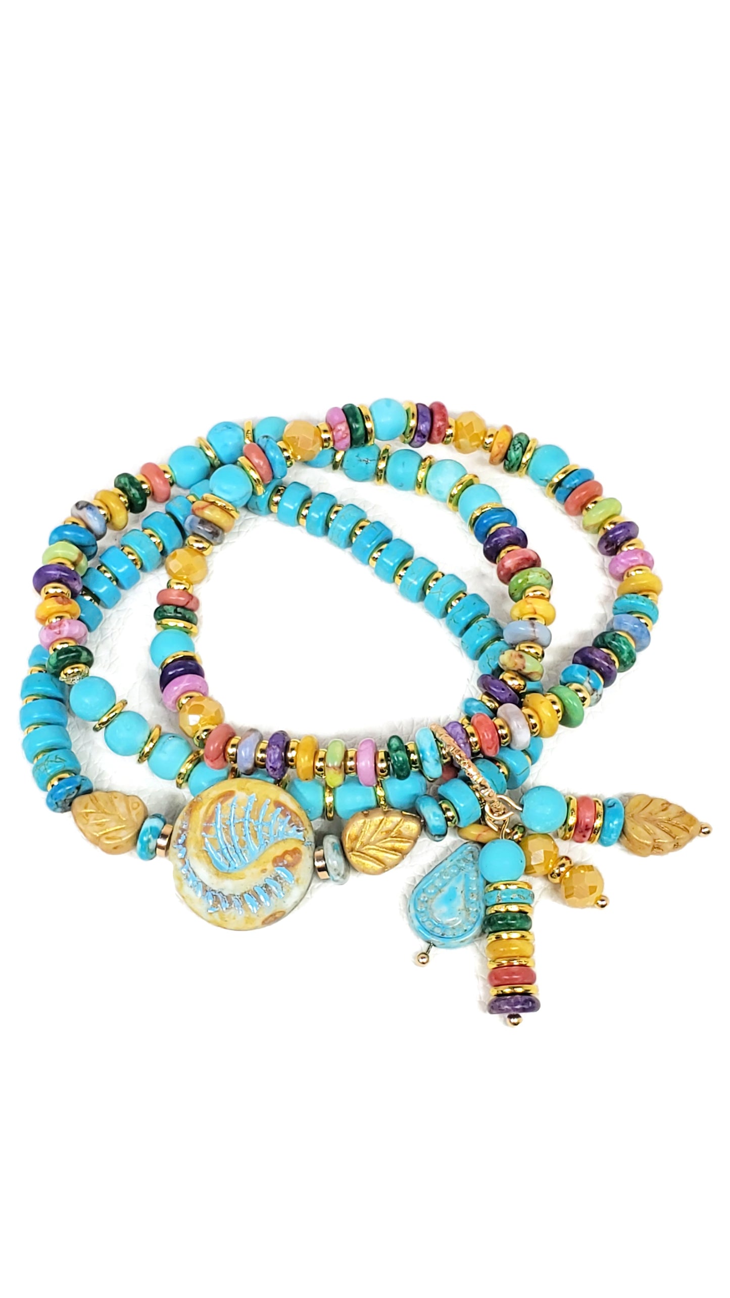 Boho Beaded Charm Bracelet, Blue Beaded Stretch Bracelet