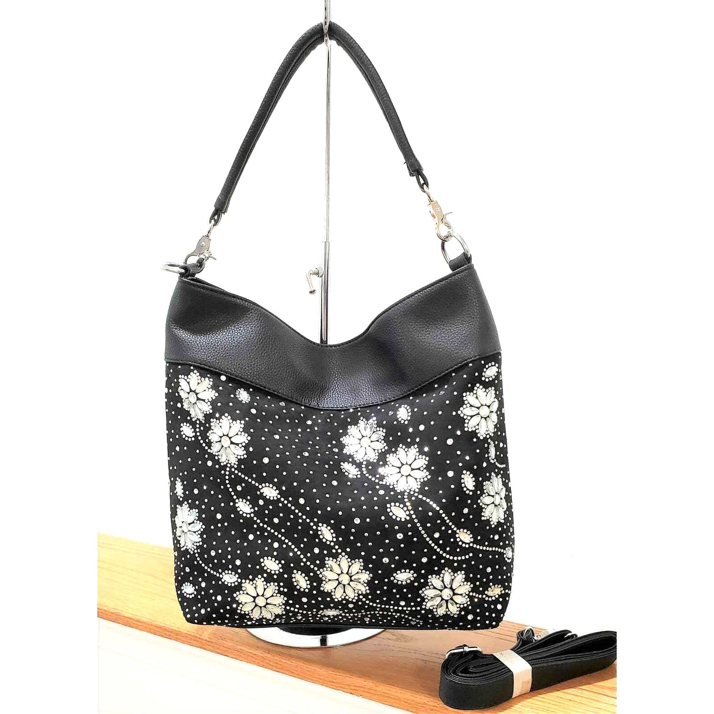 Black Rhinestone Floral Design Hobo