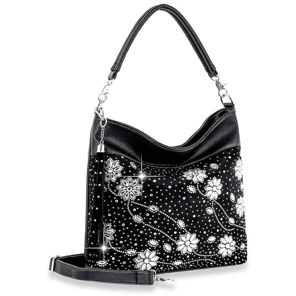 Black Rhinestone Floral Design Hobo