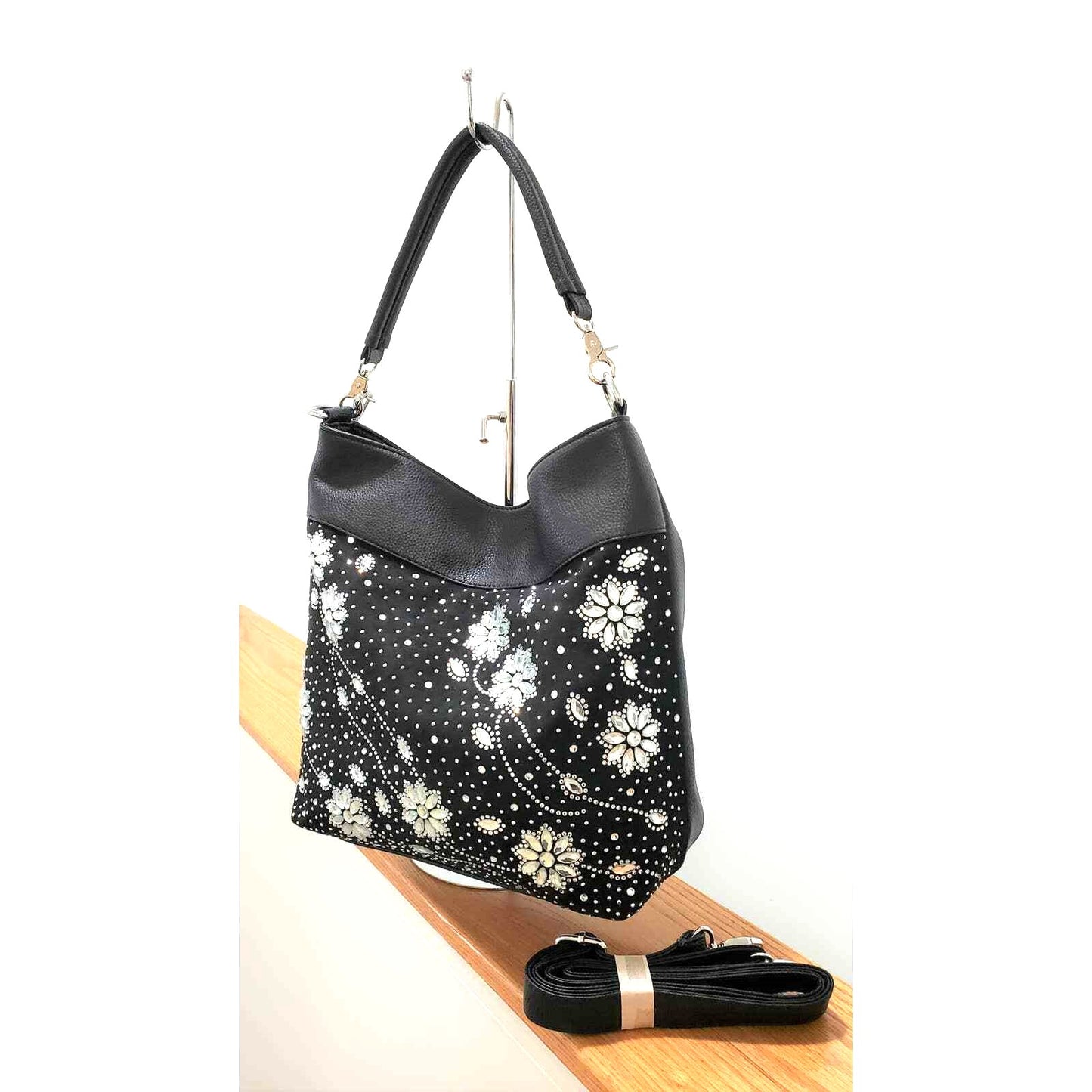 Black Rhinestone Floral Design Hobo