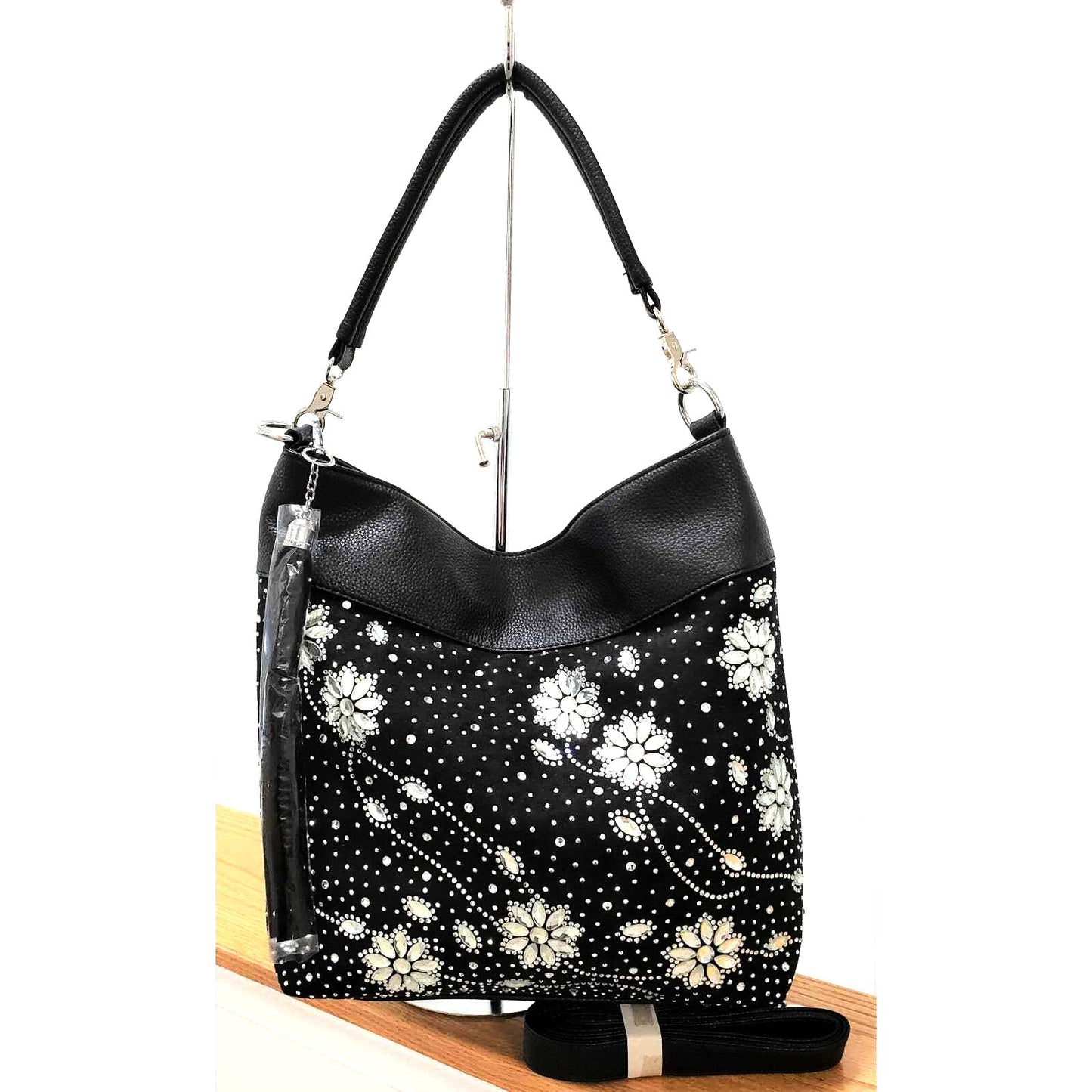 Black Rhinestone Floral Design Hobo