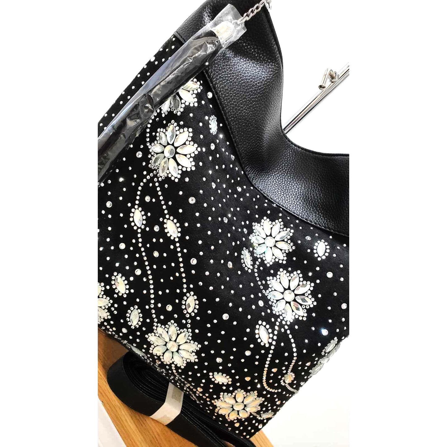 Black Rhinestone Floral Design Hobo