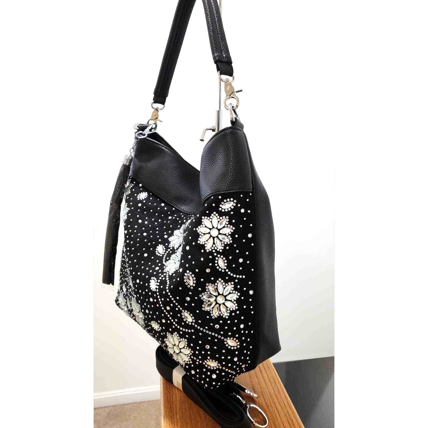 Black Rhinestone Floral Design Hobo