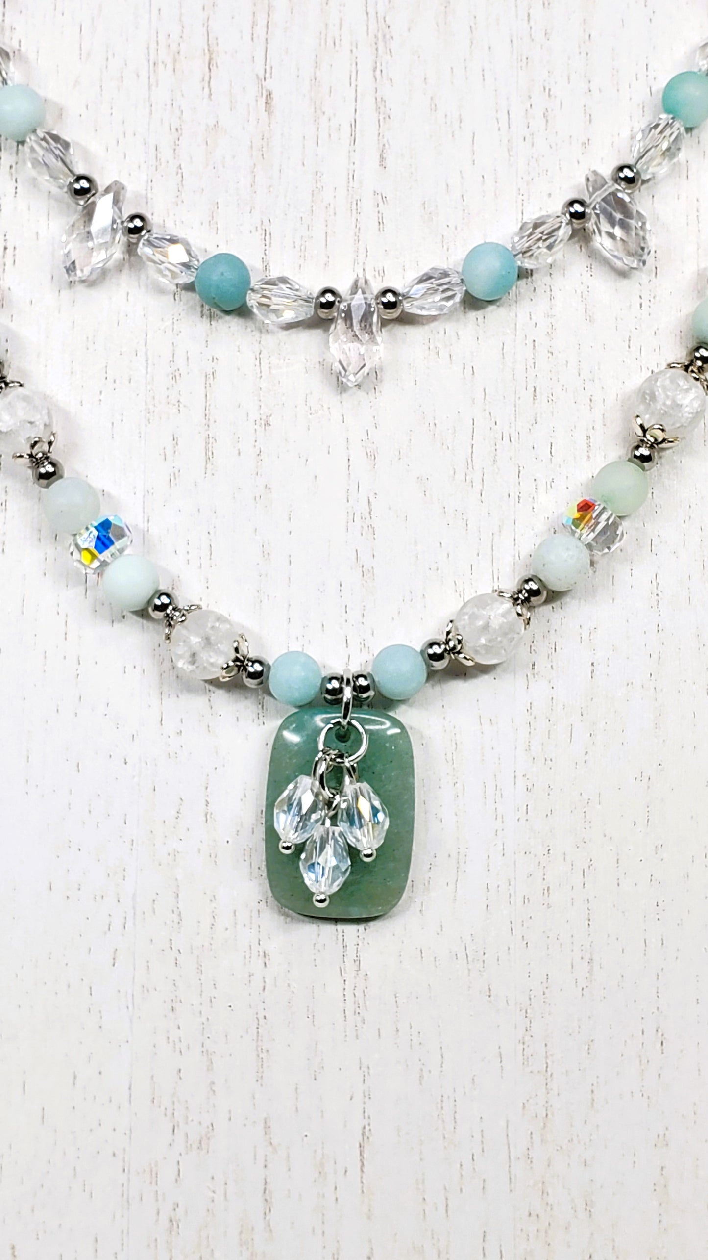 Amazonite and Crystal Beaded Necklace, Multi Strand Necklace