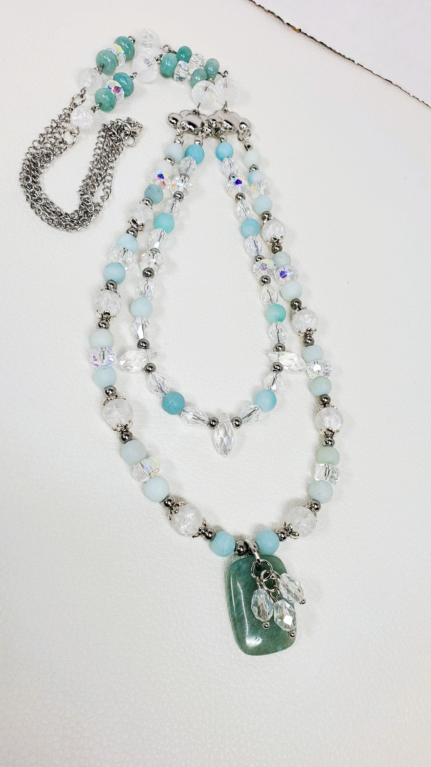 Amazonite and Crystal Beaded Necklace, Multi Strand Necklace