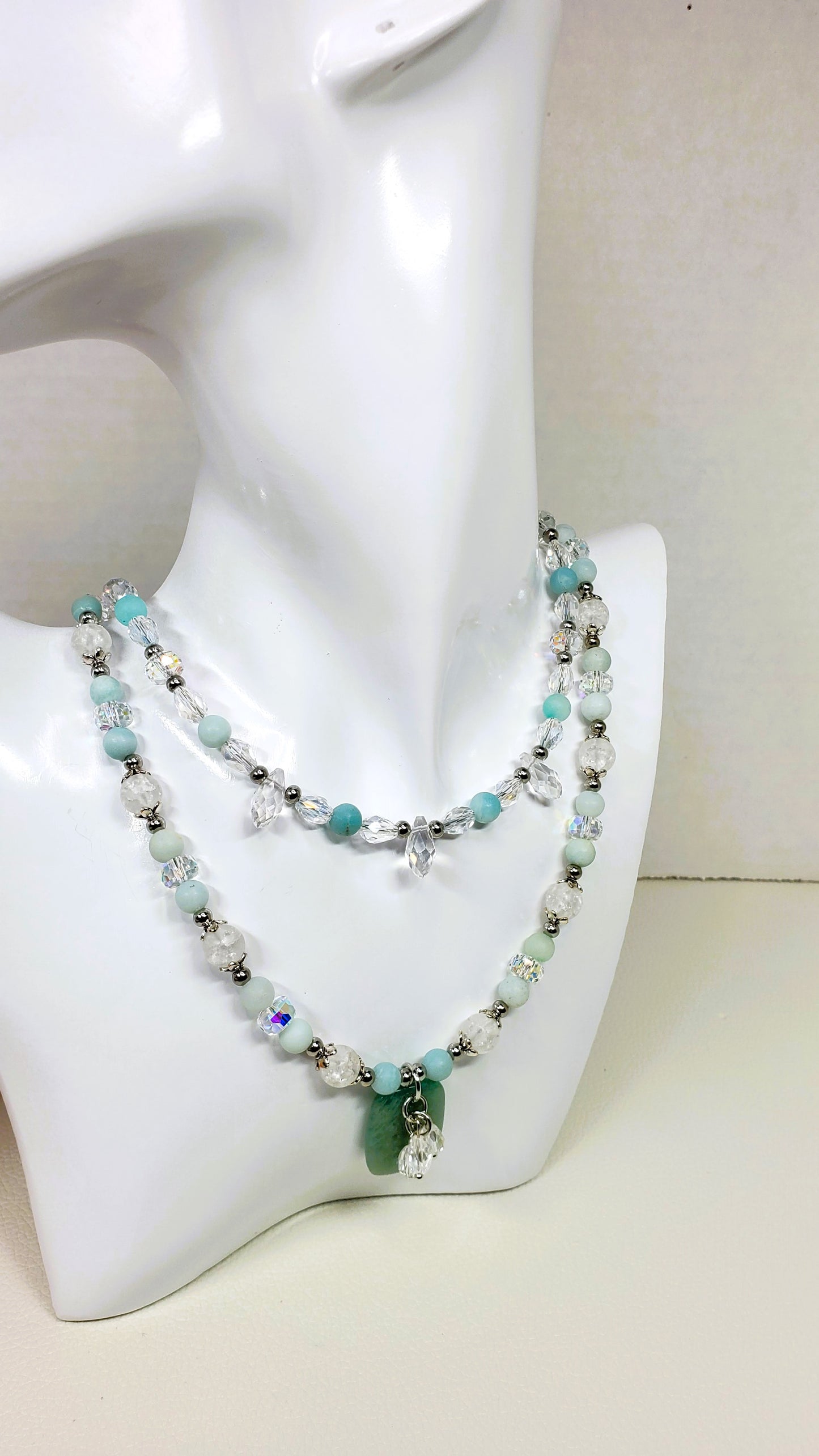 Amazonite and Crystal Beaded Necklace, Multi Strand Necklace