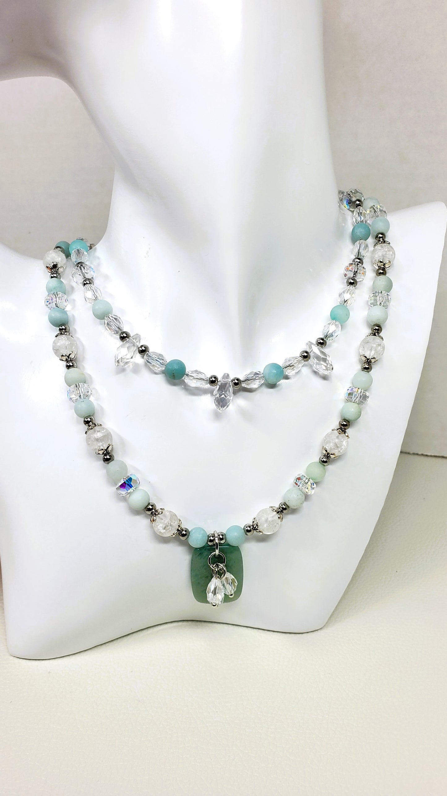 Amazonite and Crystal Beaded Necklace, Multi Strand Necklace