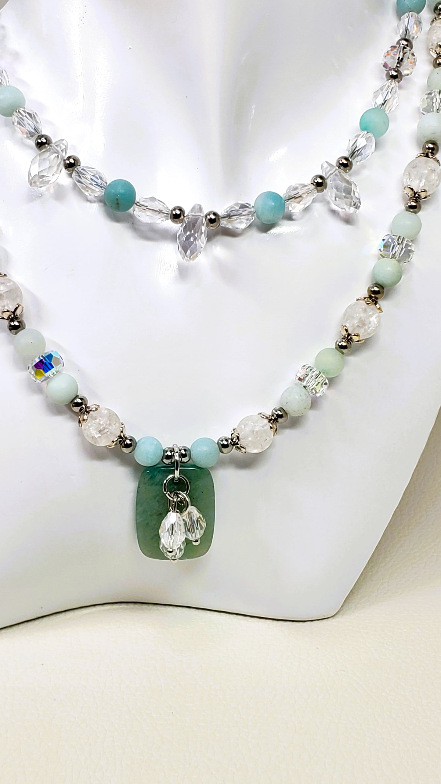 Amazonite and Crystal Beaded Necklace, Multi Strand Necklace