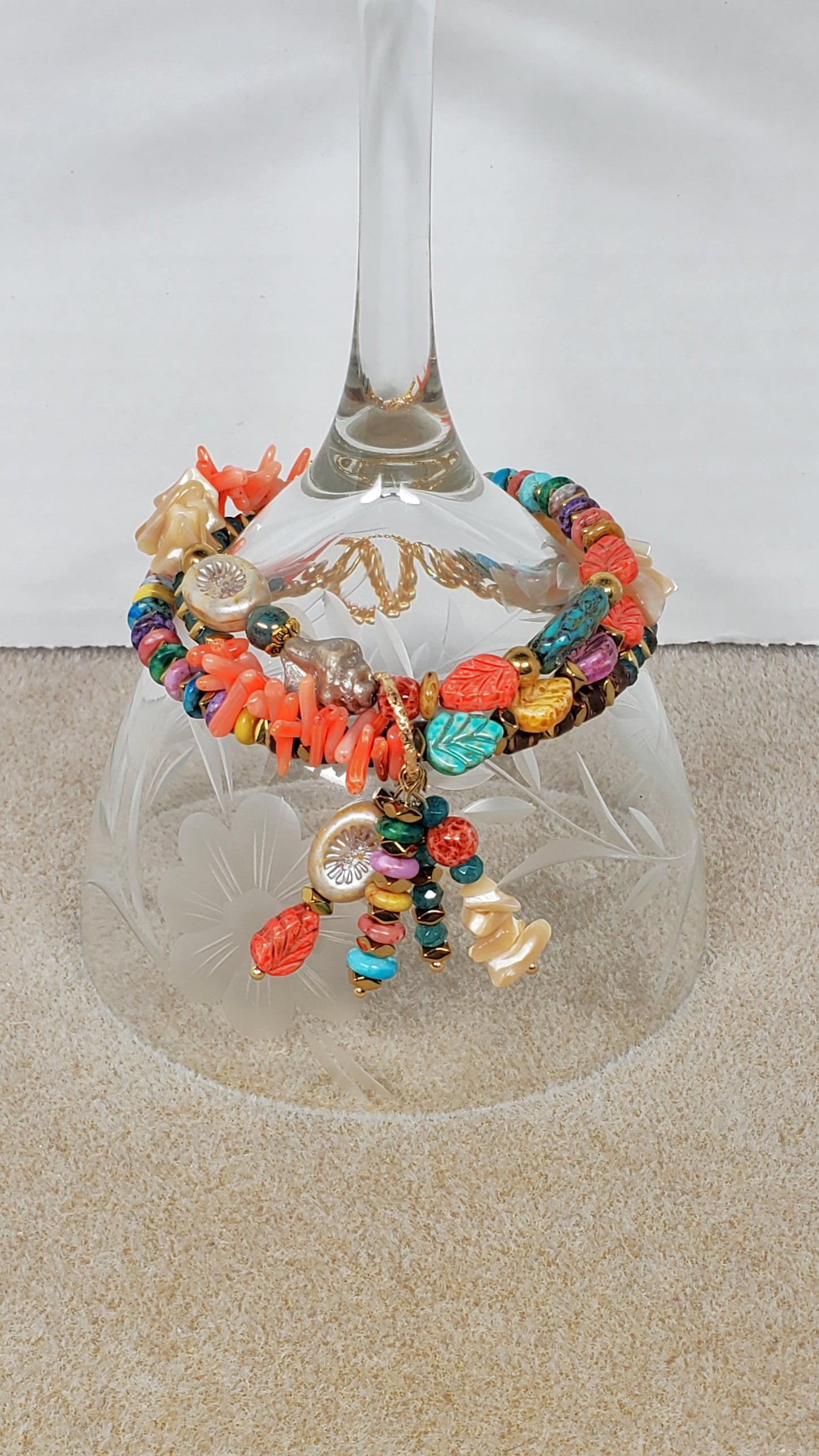 Beach Beaded Boho Charm Bracelet, Tropical Beaded Wire Bracelet