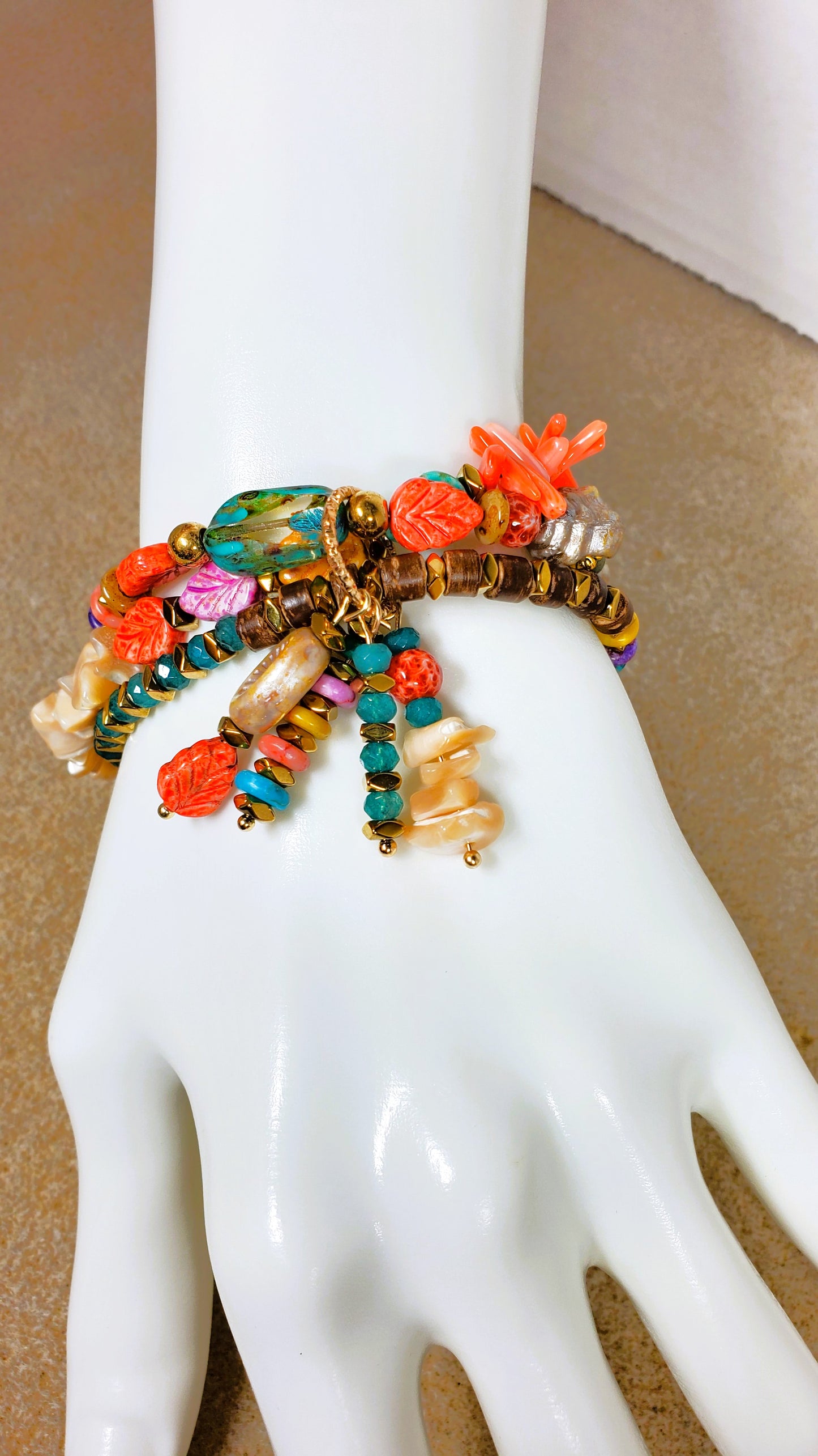 Beach Beaded Boho Charm Bracelet, Tropical Beaded Wire Bracelet