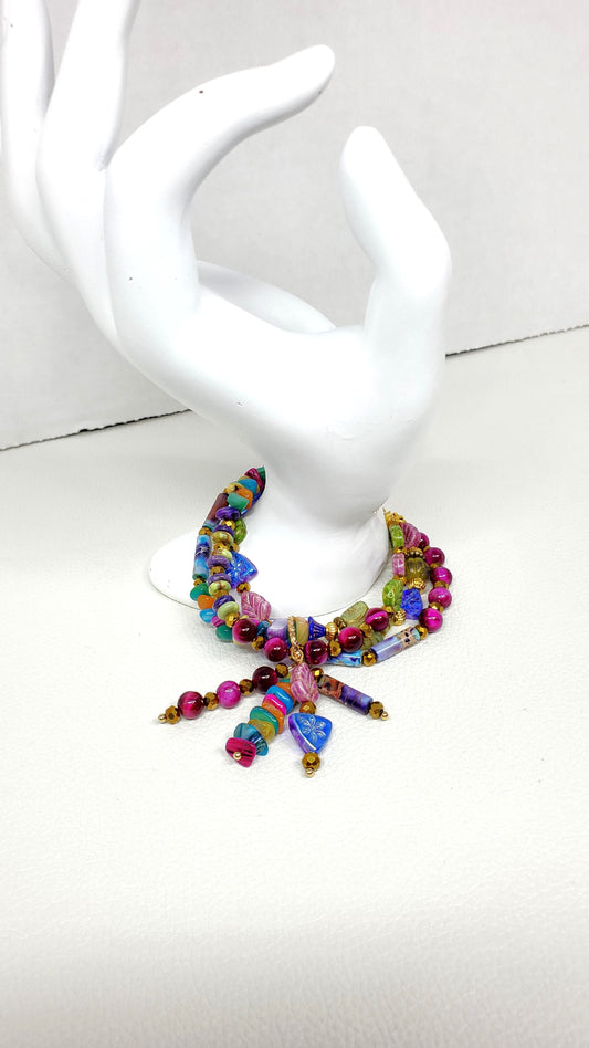Enchanted Jewel Tones Boho Charm Bracelet, Beaded Wire Bracelet