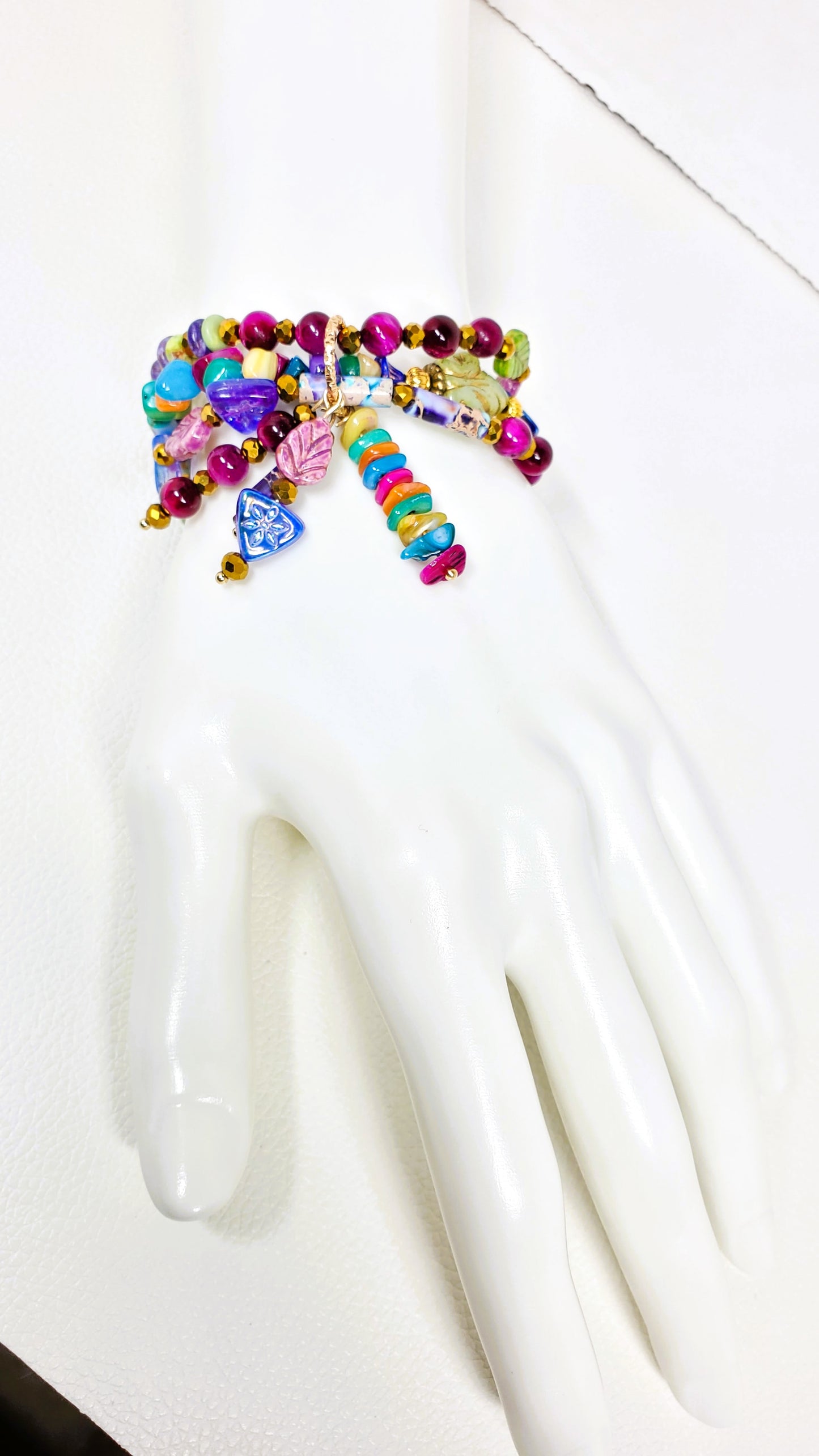 Enchanted Jewel Tones Boho Charm Bracelet, Beaded Wire Bracelet