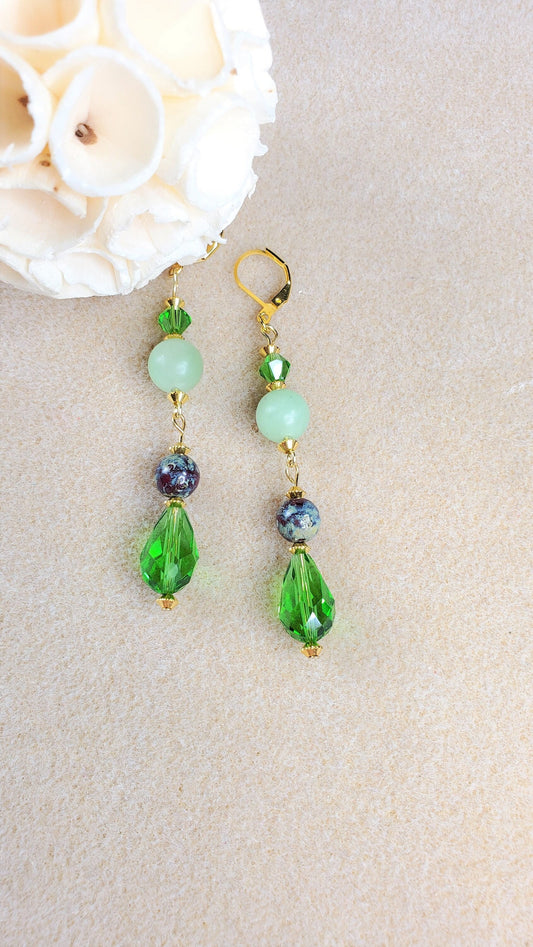 Green Aventurine Crystal and Glass Gold Plated Dangle Earrings Green Aventurine Earrings Green Aventurine and Gold Earrings