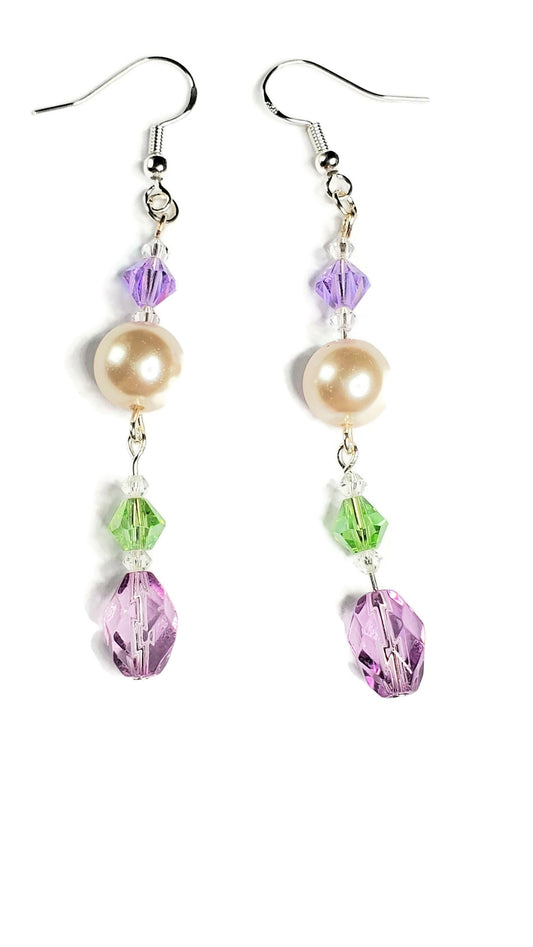 Green and Lavender Crystal and Glass Pearl Dangle  Earrings Pearl Earrings with Green Crystals