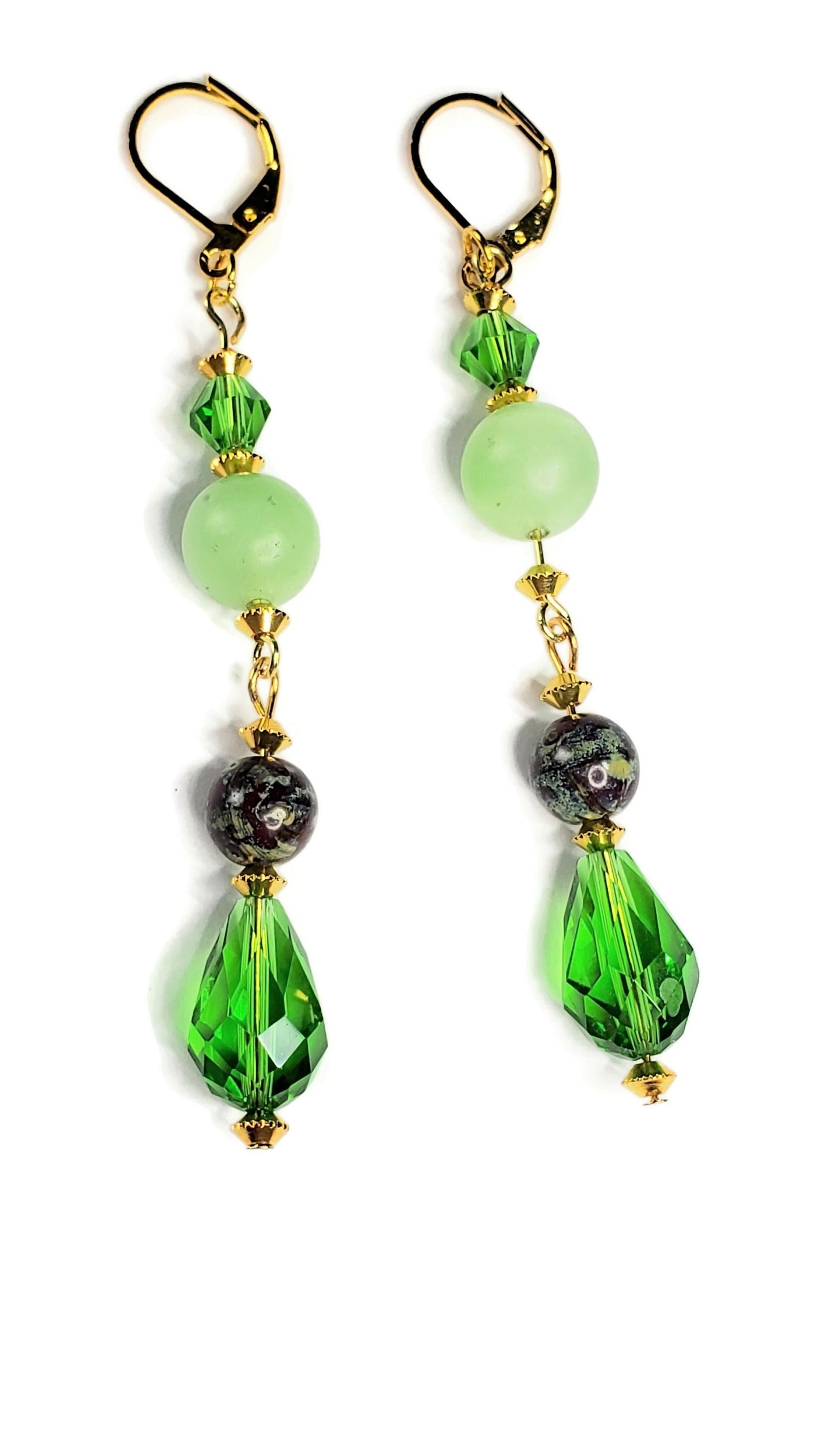 Green Aventurine Crystal and Glass Gold Plated Dangle Earrings Green Aventurine Earrings Green Aventurine and Gold Earrings