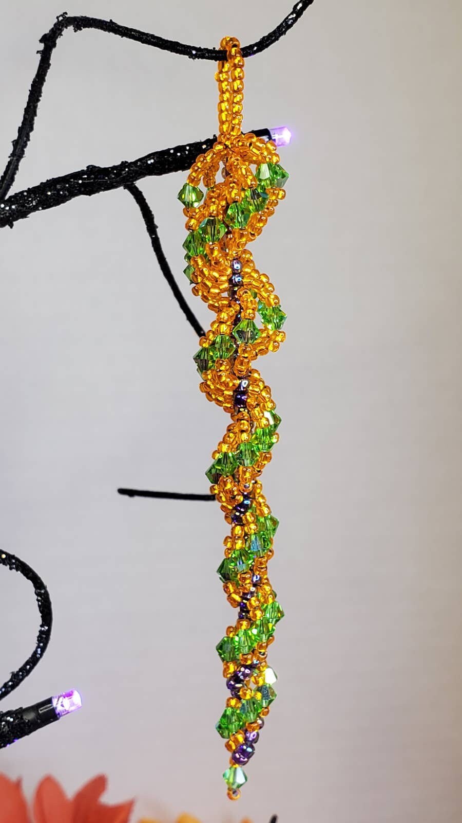 Halloween Ornament Fall Orange & Green Crystal Icicle Tree Ornament Beaded Tree Ornament Spiral