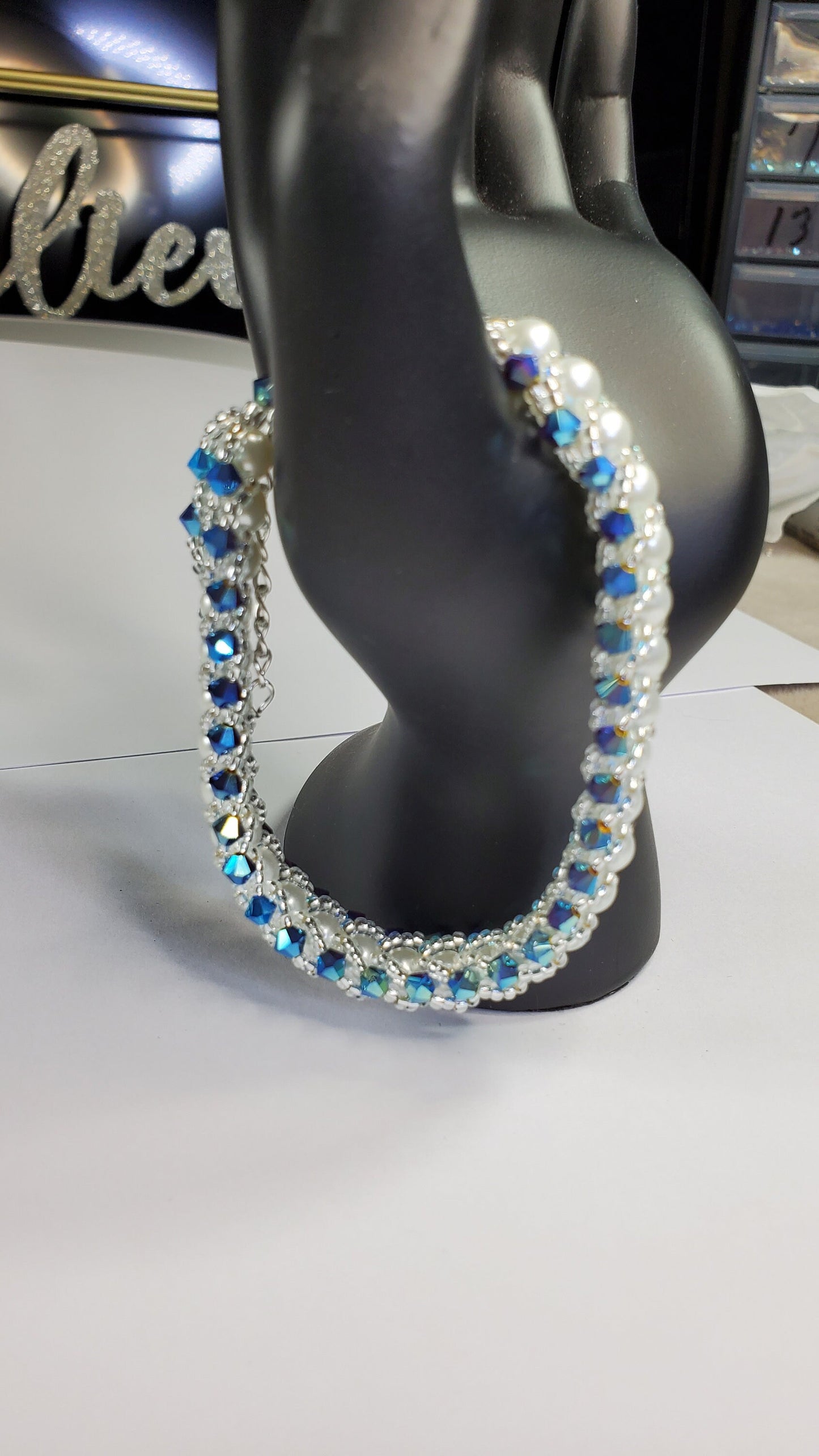 Blue Crystal and Glass Pearl Beaded Bracelet Wedding Bracelet
