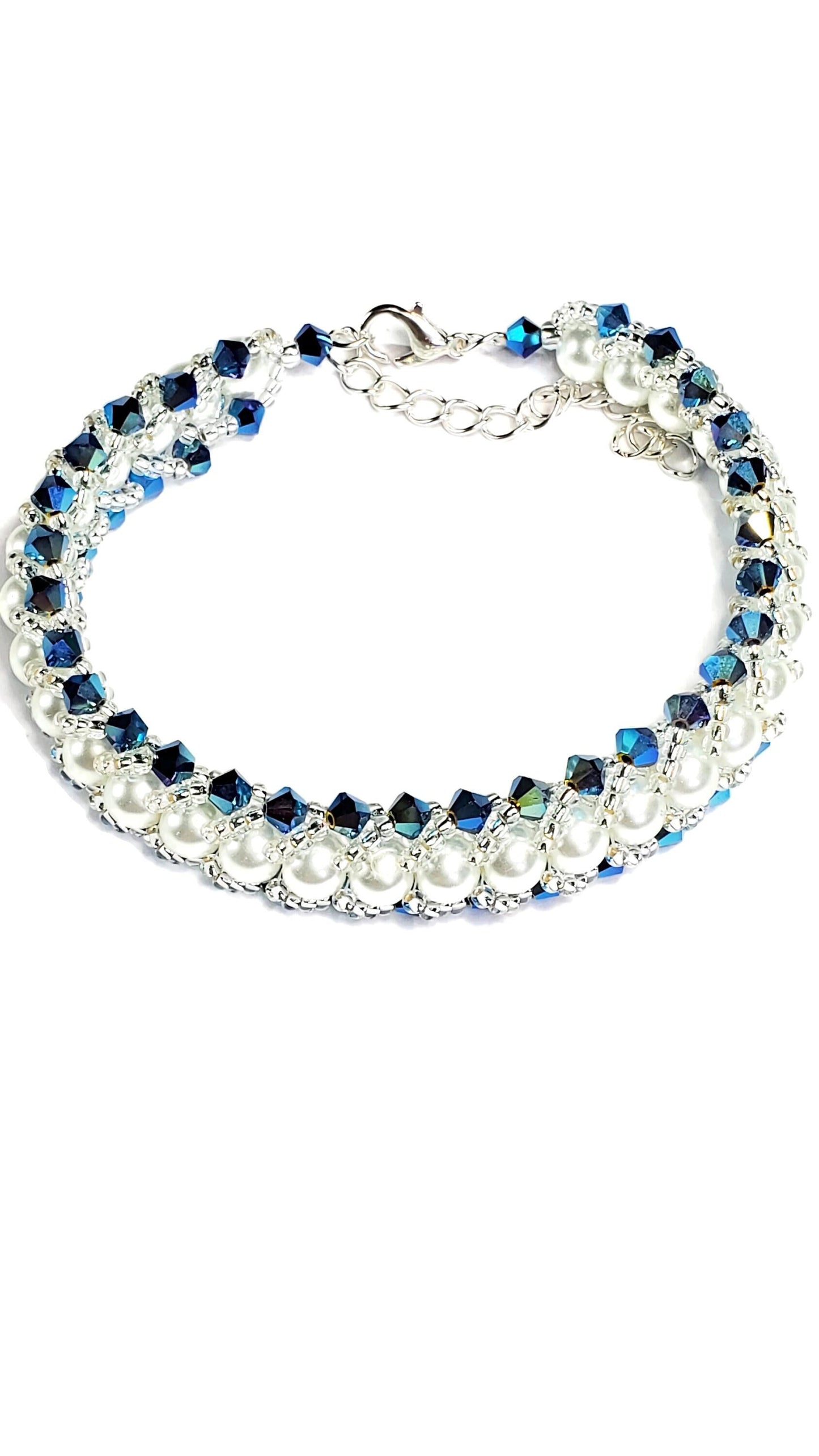 Blue Crystal and Glass Pearl Beaded Bracelet Wedding Bracelet