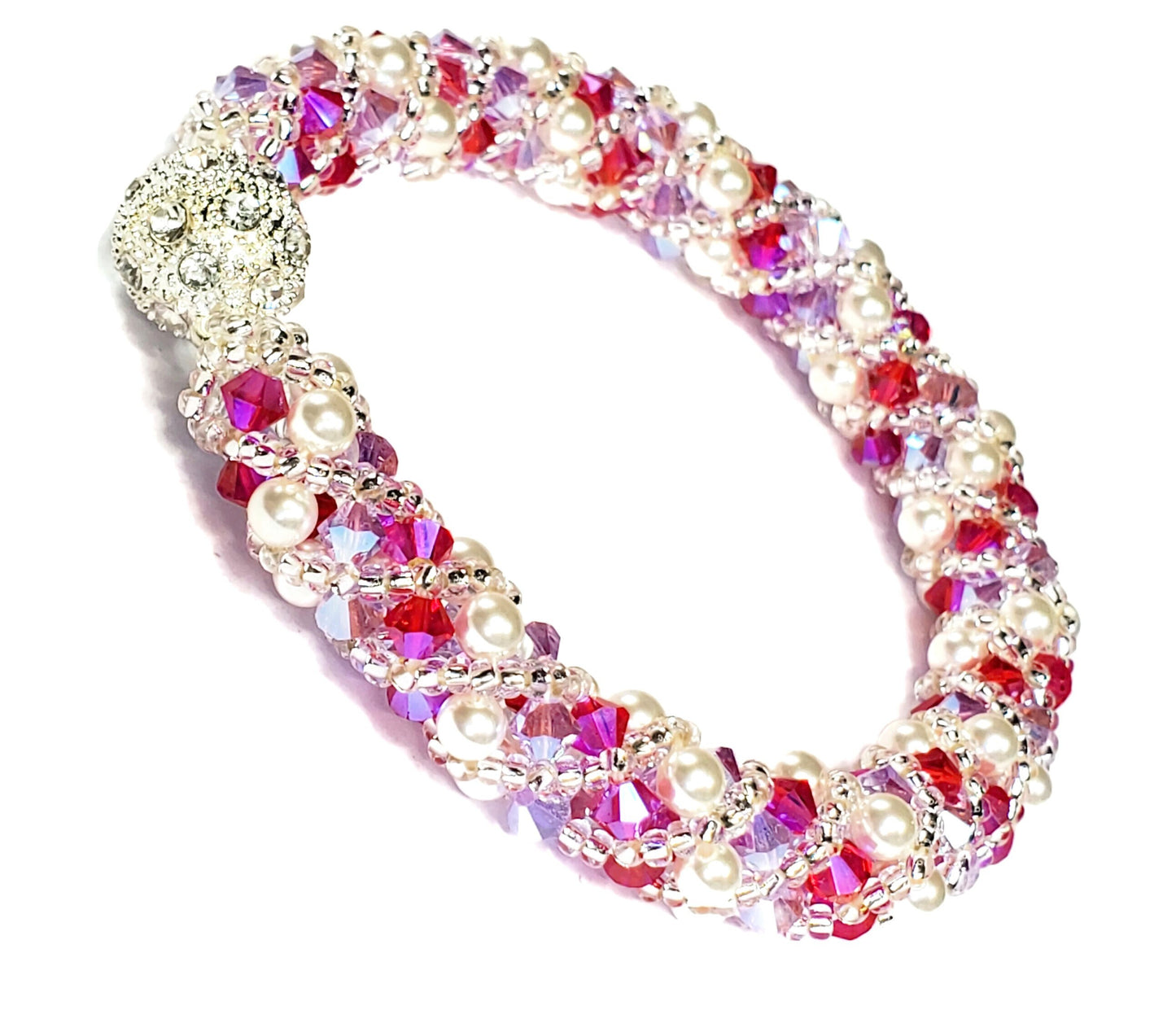 Valentines Day Fuchsia and Lavender White Pearl Crystal Bracelet