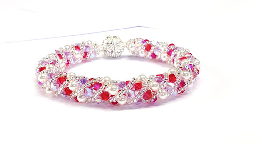 Valentines Day Fuchsia and Lavender White Pearl Crystal Bracelet