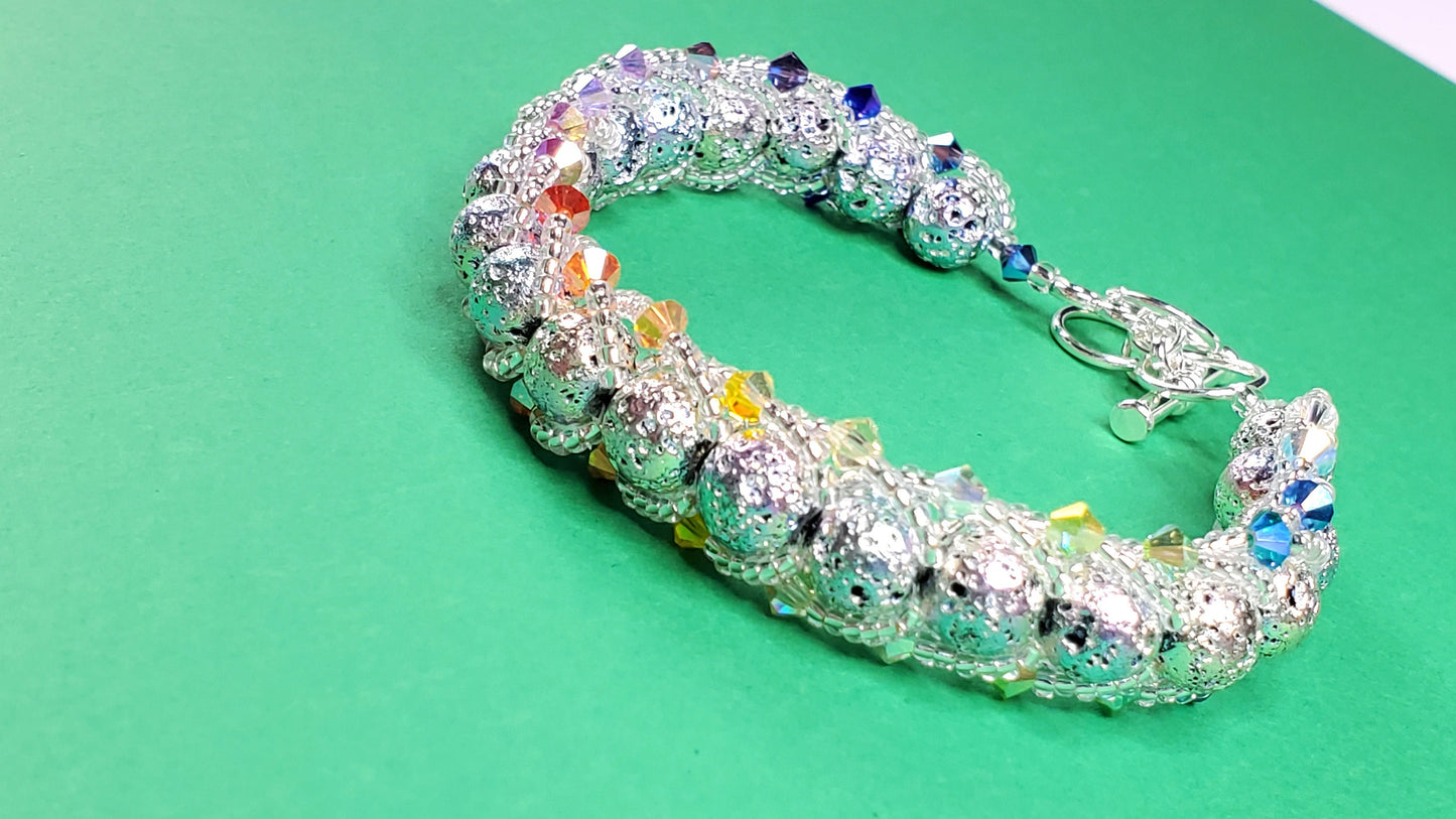 Rainbow Coated Natural Lave Stone Beaded adjustable Bracelet