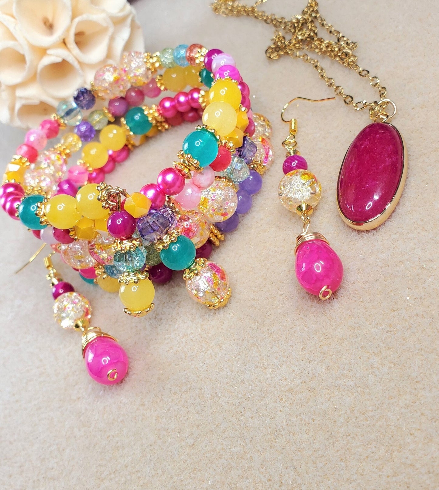 Crystal Beaded Necklace Set | Summer Necklace Set | Boho Necklace Set | Handmade Jewelry | Rainbow Jewelry Set | Colorful | Rainbow Necklace