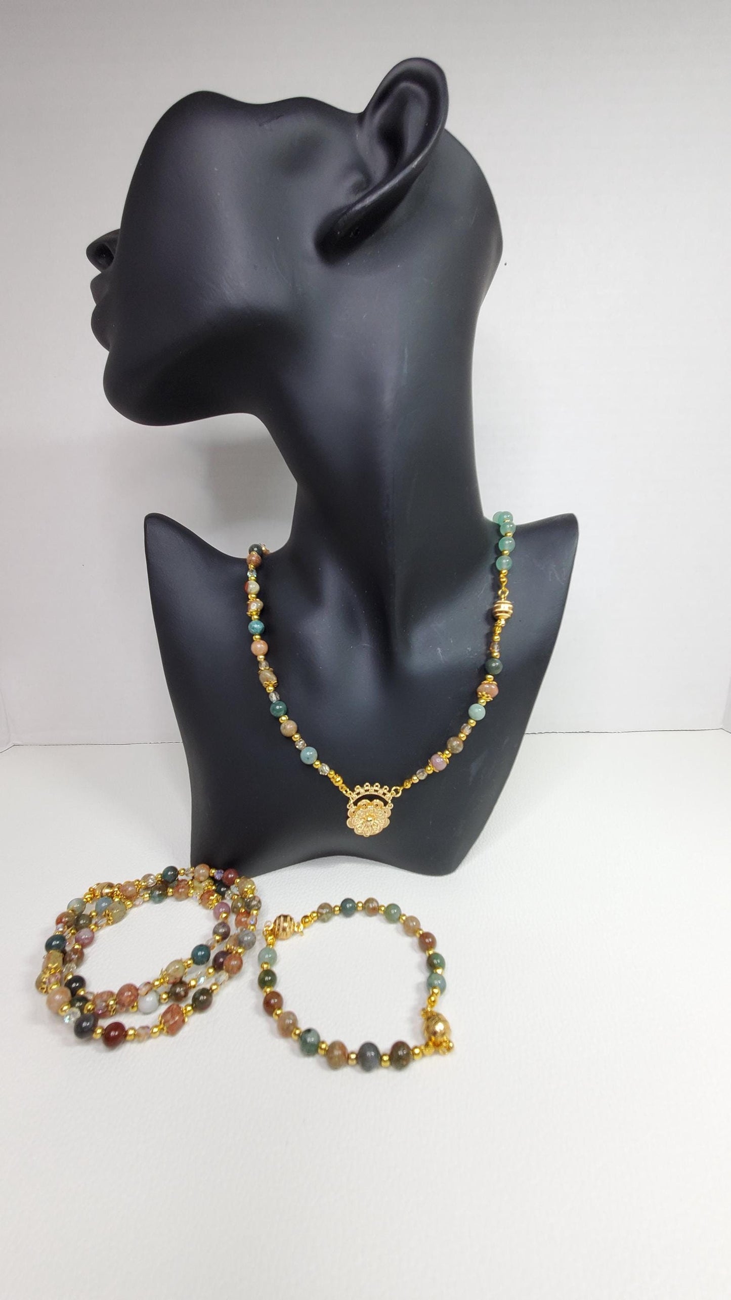 Jasper and Green Aventurine Magnetic Mix & Match Necklace/Bracelet  Five Way Necklace Set 18k Gold Plated Filigree Components