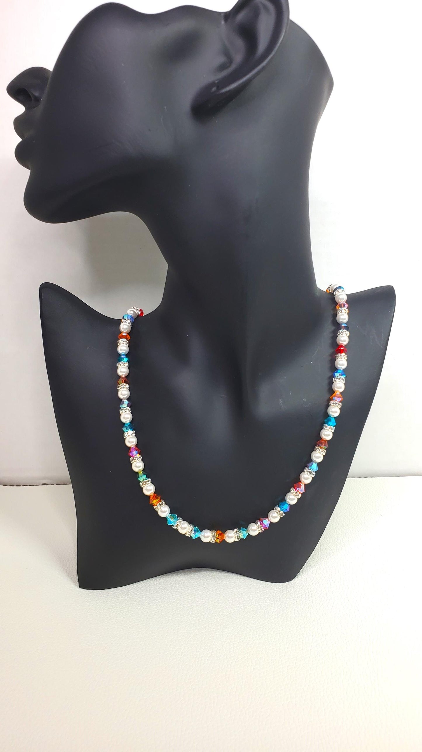 Pearl and Crystal Necklace Multi Rainbow Color Crystal Beaded Pearl Necklace and Bracelet Set Wedding Jewelry